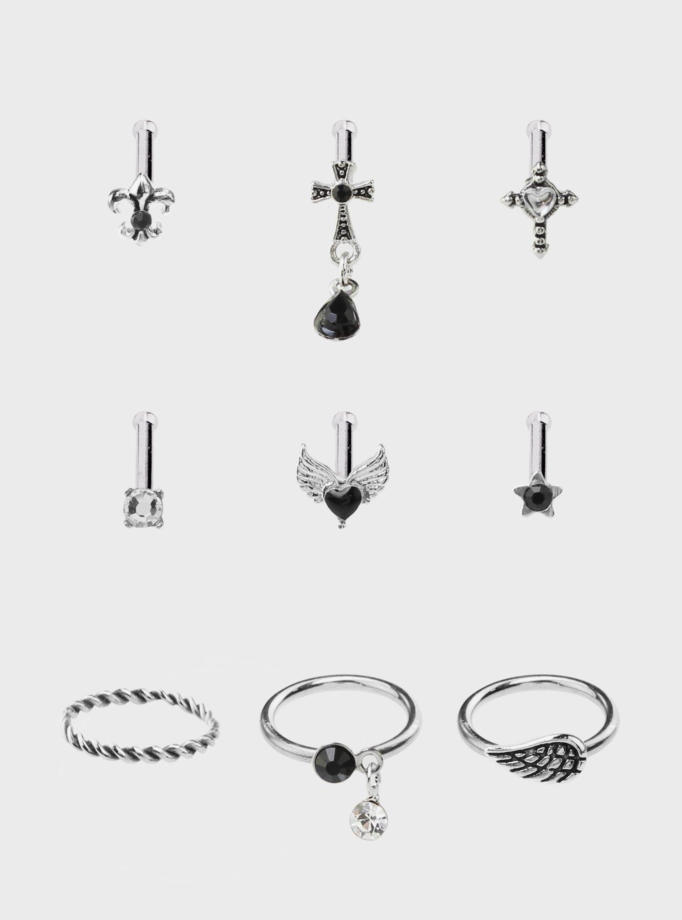Steel Cross & Winged Heart Nose Stud & Hoop 9 Pack, , hi-res