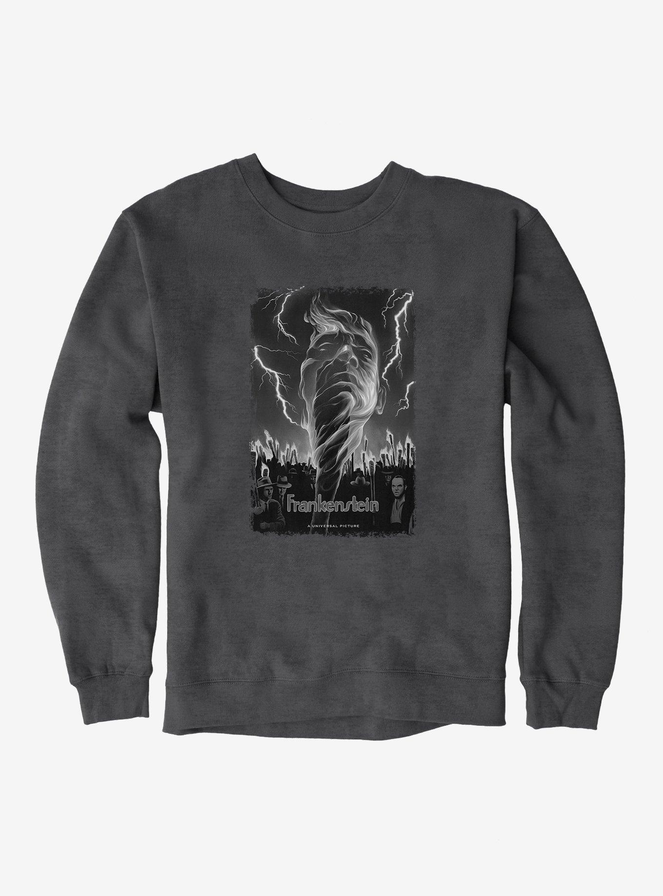 Universal Monsters Frankenstein Black & White Lightning Sweatshirt, DARK HEATHER, hi-res