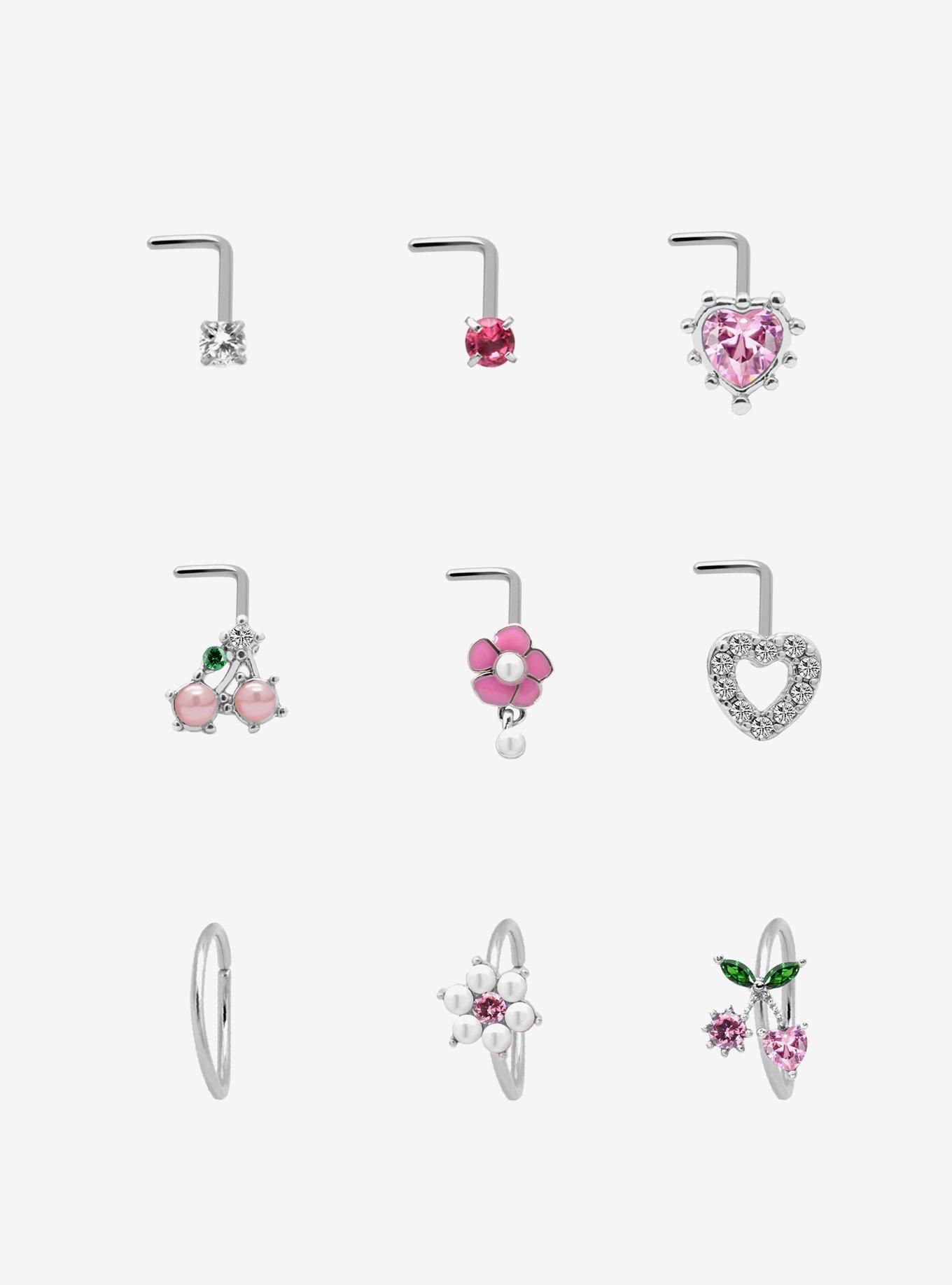 Steel Silver Cherry & Pearl Nose Stud & Hoop 9 Pack, , hi-res