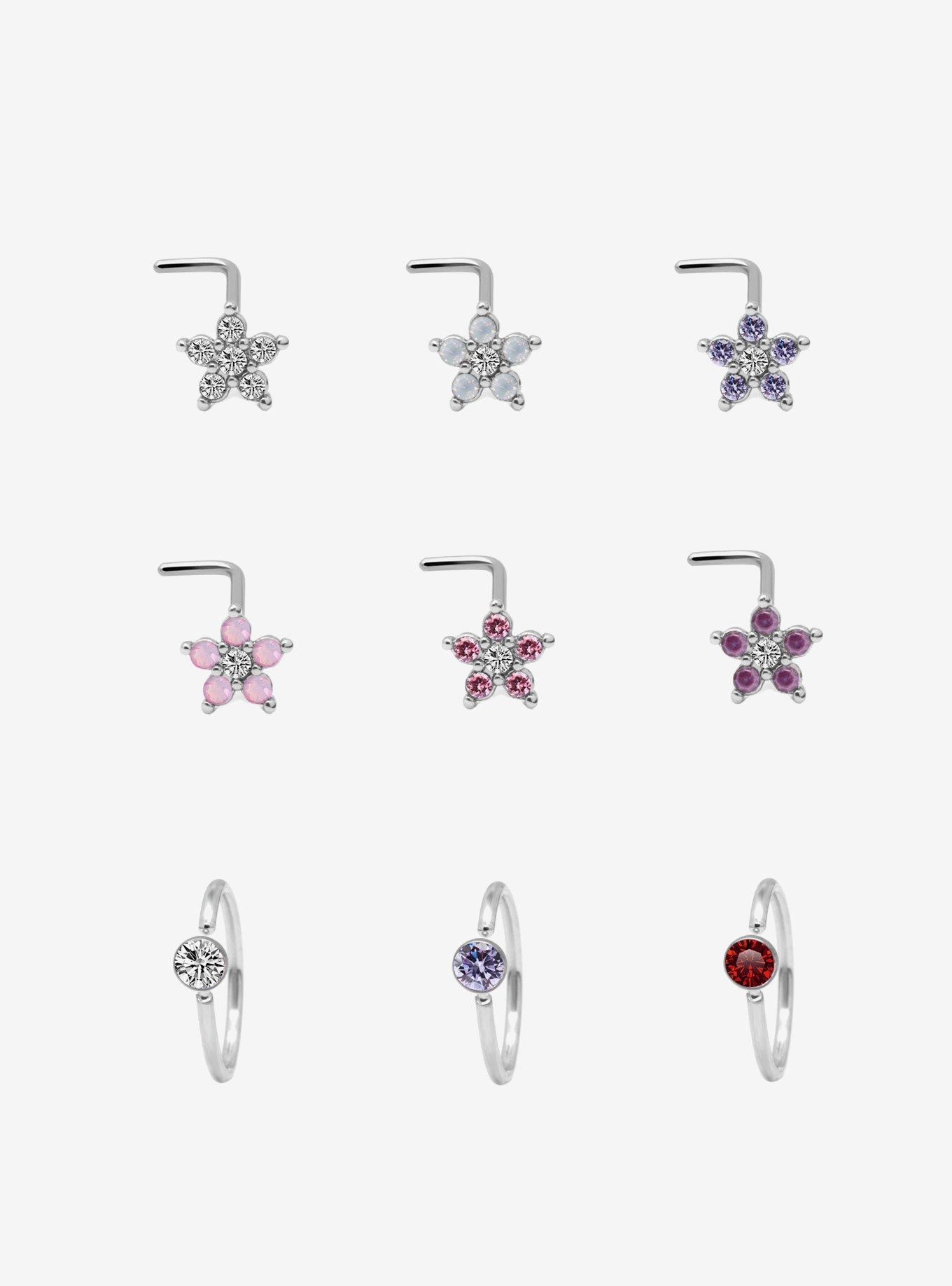 Steel Silver Multicolor Flower Nose Stud & Hoop 9 Pack, , hi-res