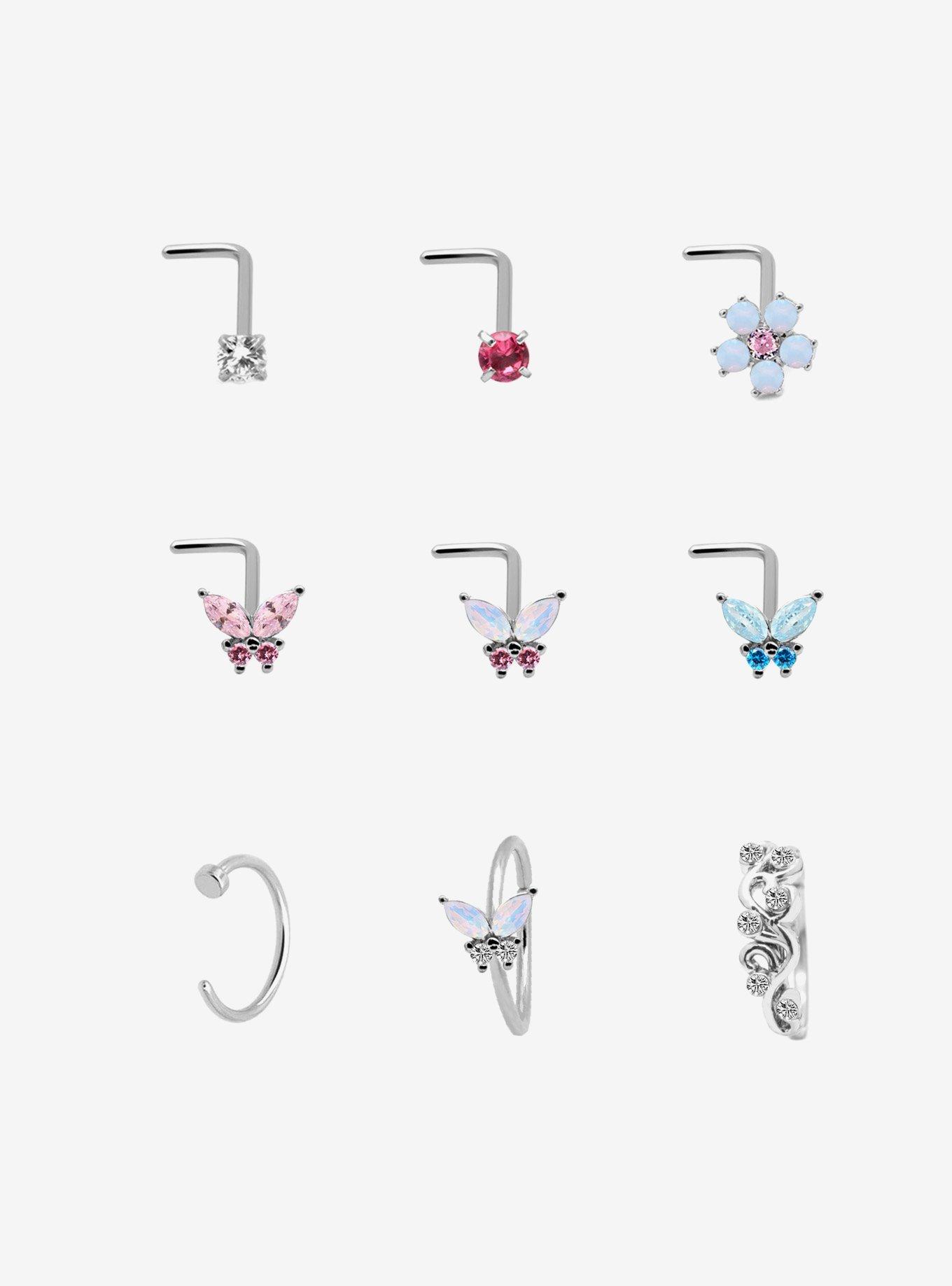 Steel Silver Butterfly Nose Stud & Hoop 9 Pack, , hi-res