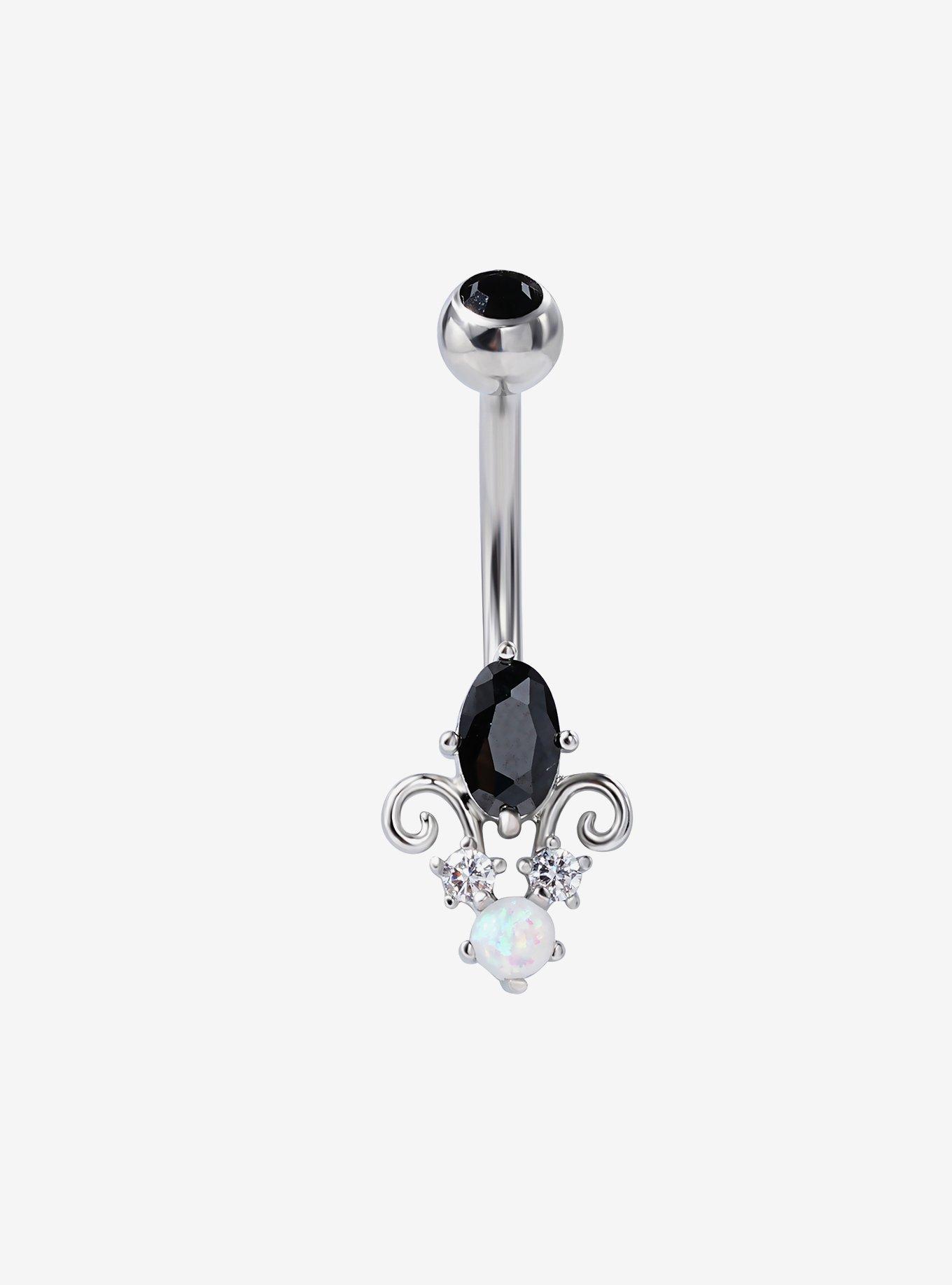14G Steel Silver Black CZ Filigree Navel Barbell, , hi-res