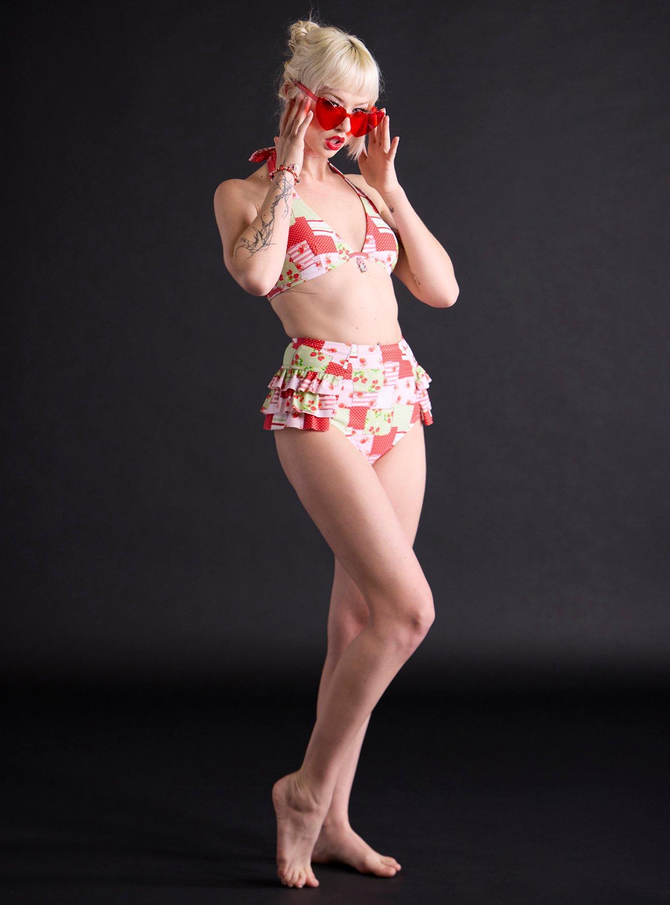 Strawberry Shortcake Patchwork High-Waisted Swim Bottoms, , hi-res