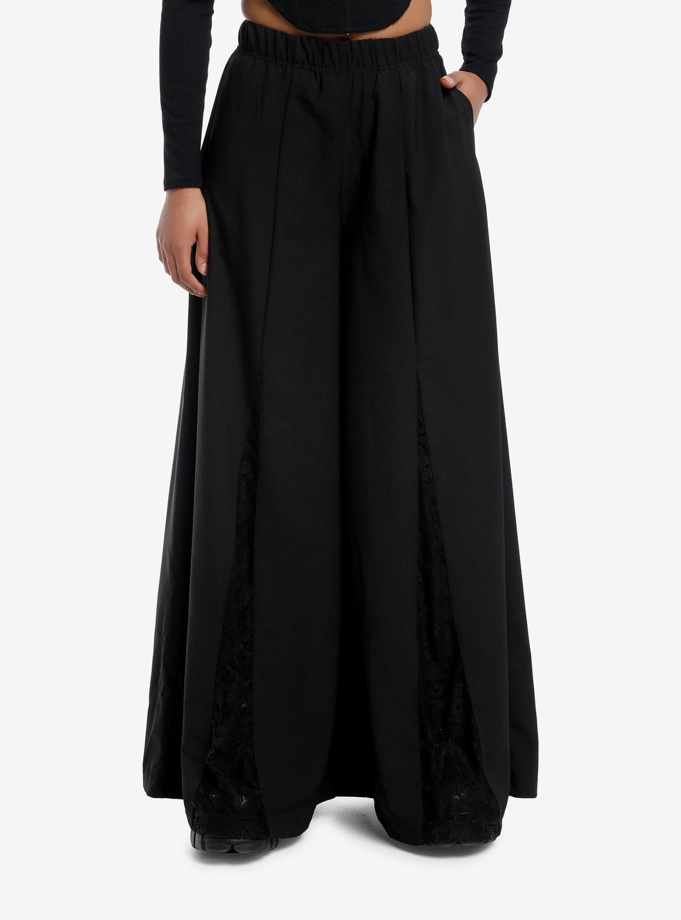 Black Lace Panel Wide Leg Pants, , hi-res