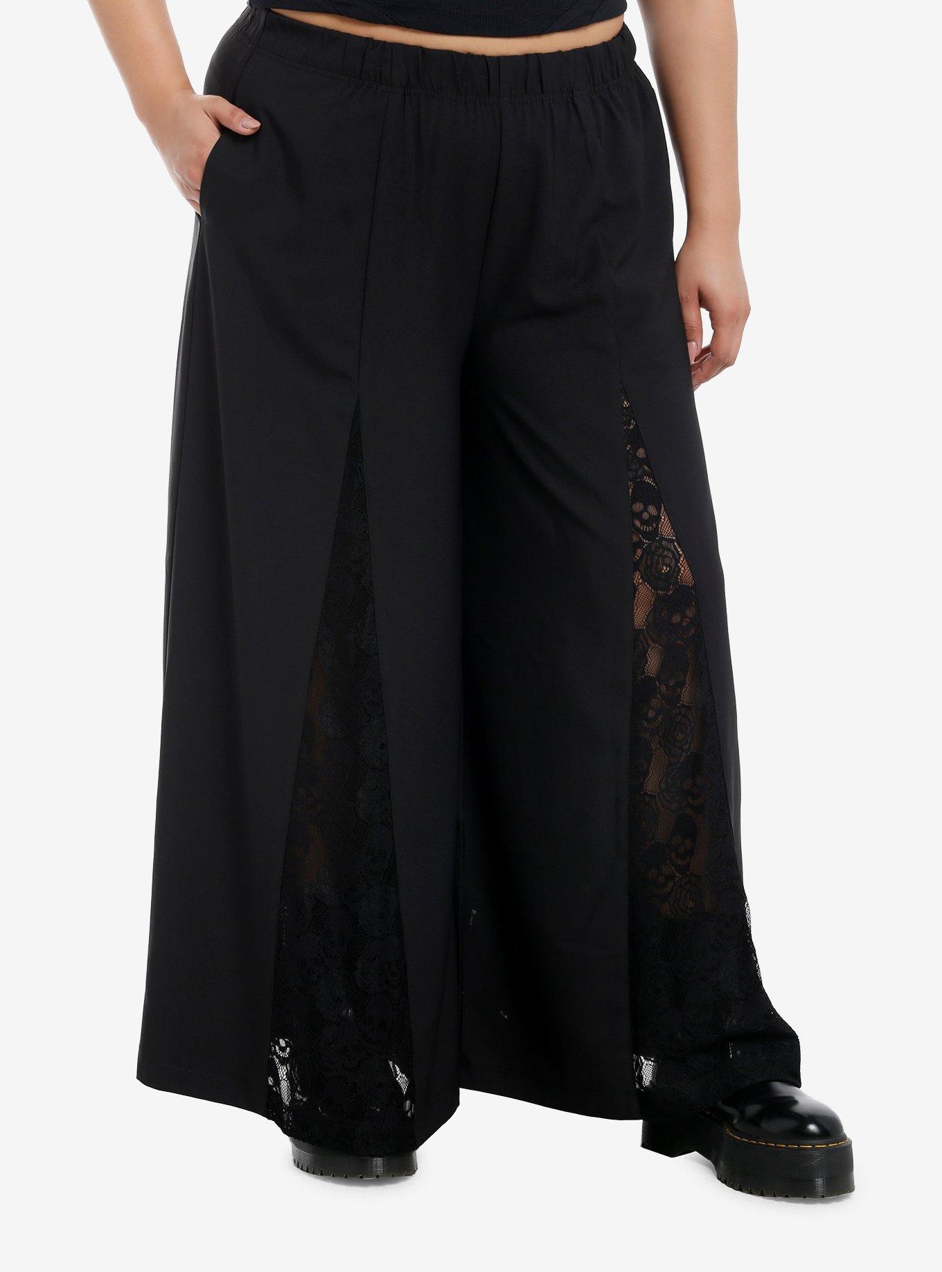 Black Lace Panel Girls Wide Leg Pants Plus Size, , hi-res