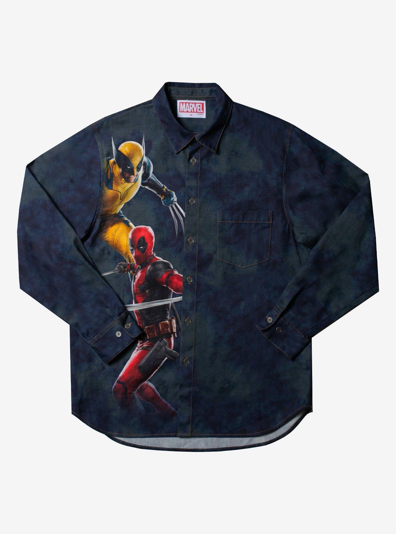 Marvel Deadpool & Wolverine Navy Button-Up Shirt, DENIM  NAVY, hi-res