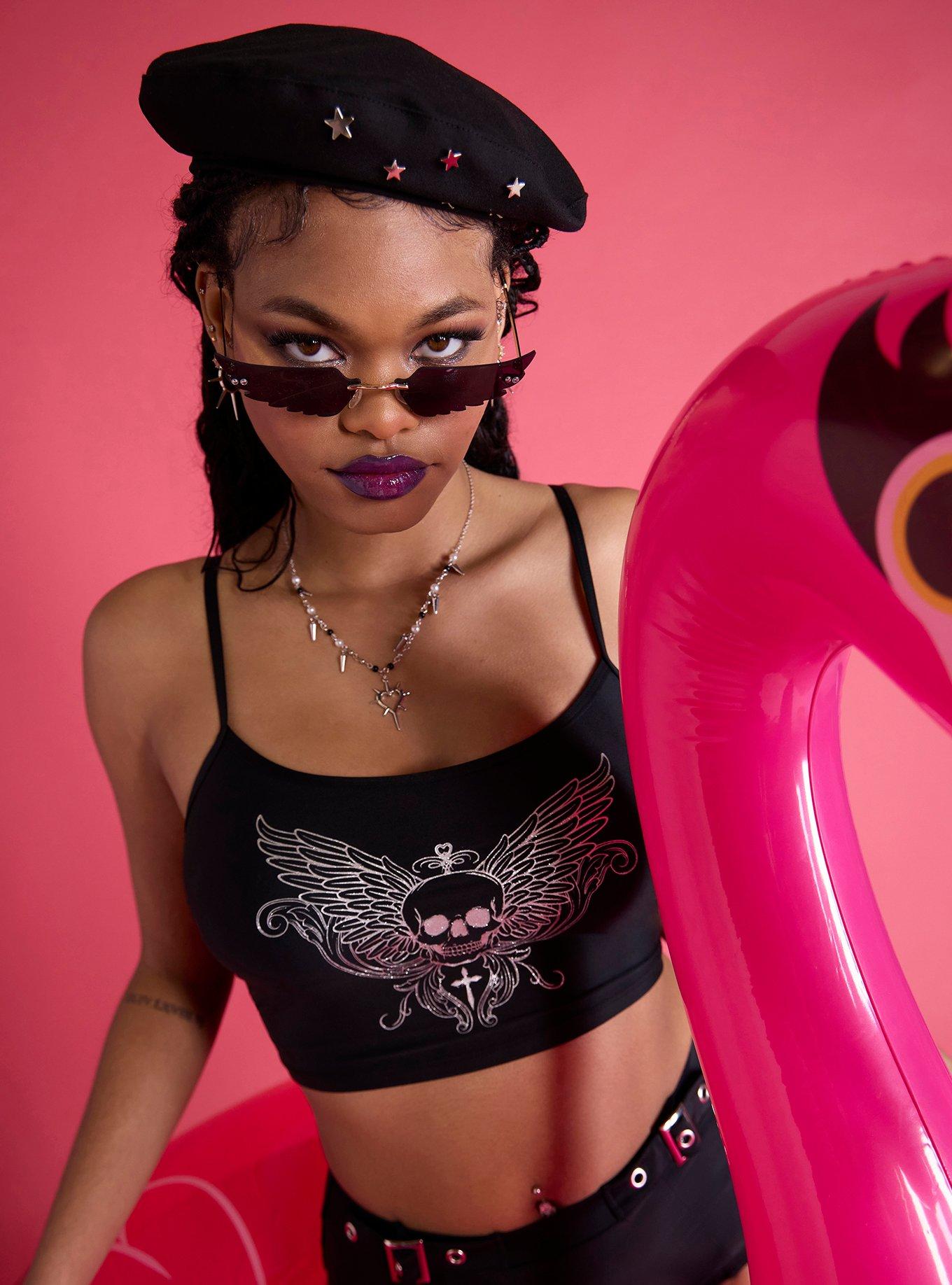 Black Skull Wings Silver Glitter Swim Top, , hi-res