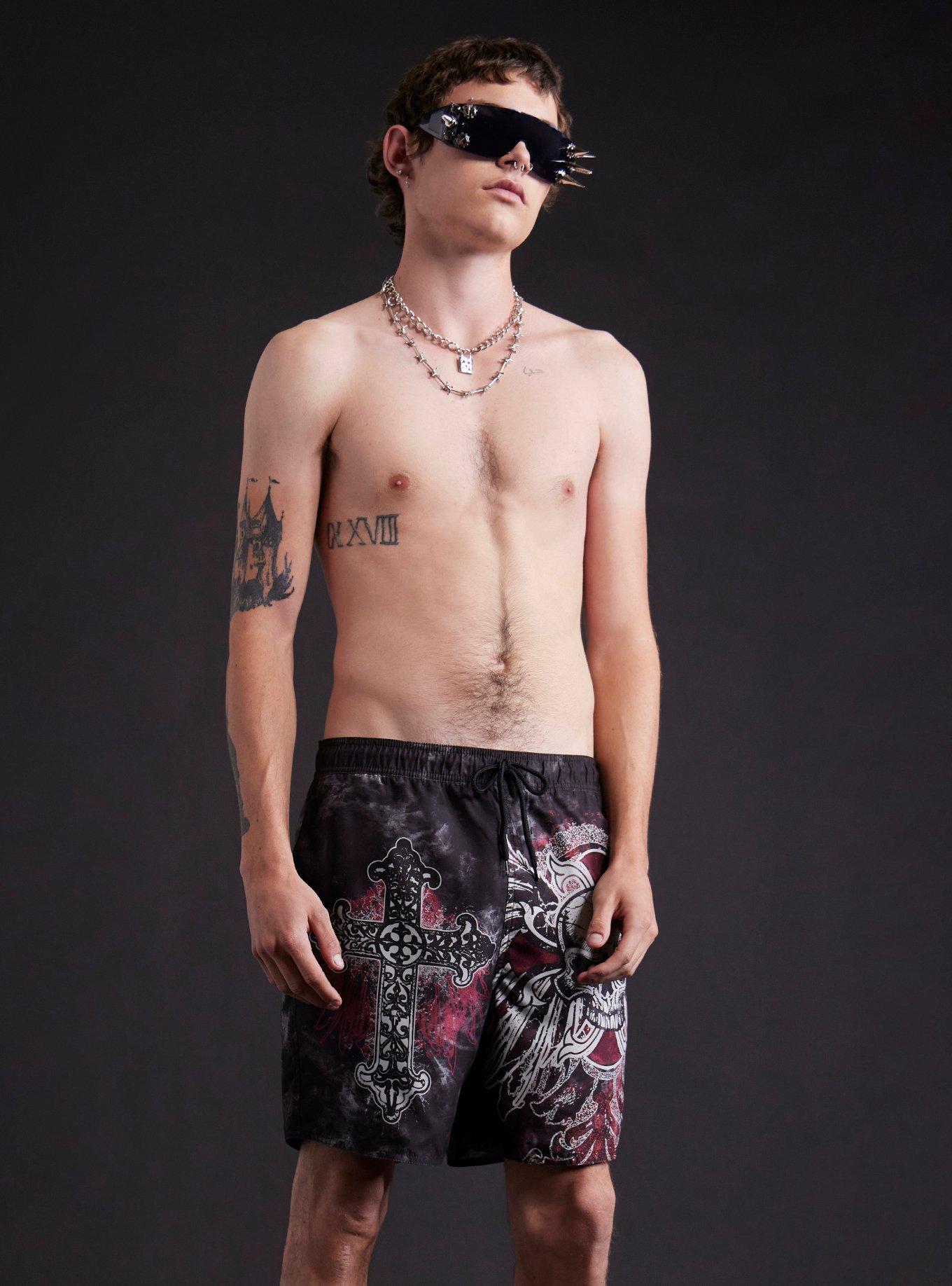 Y2K Skull Cross Dark Wash Swim Trunks | Hot Topic