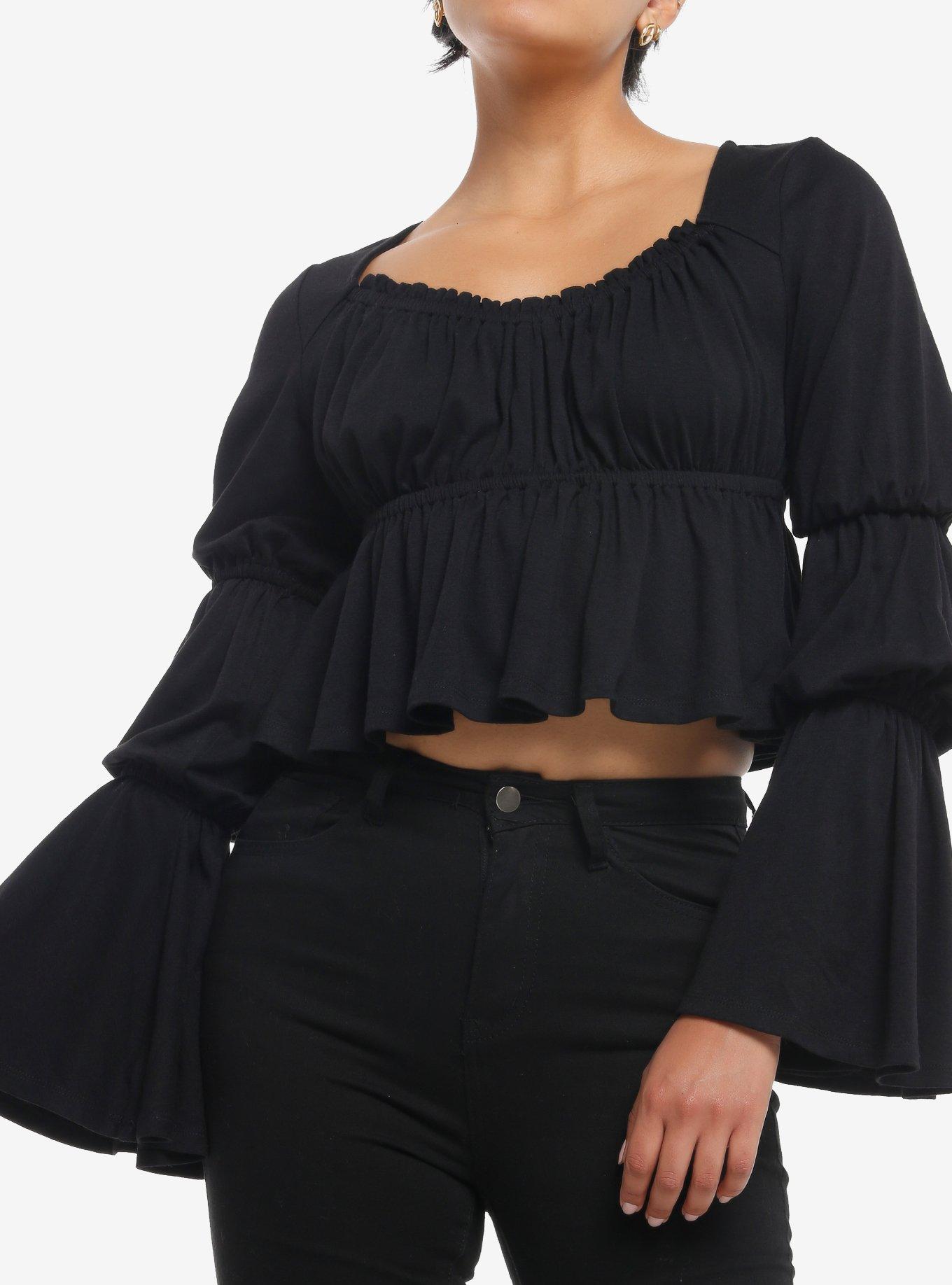 Thorn & Fable Black Ruched Bell Sleeve Girls Top, , hi-res