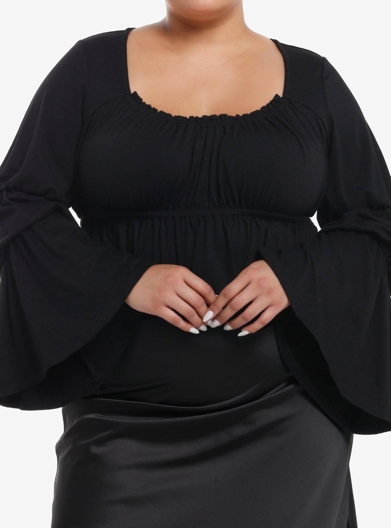 Thorn & Fable Black Ruched Bell Sleeve Girls Top Plus Size, , hi-res