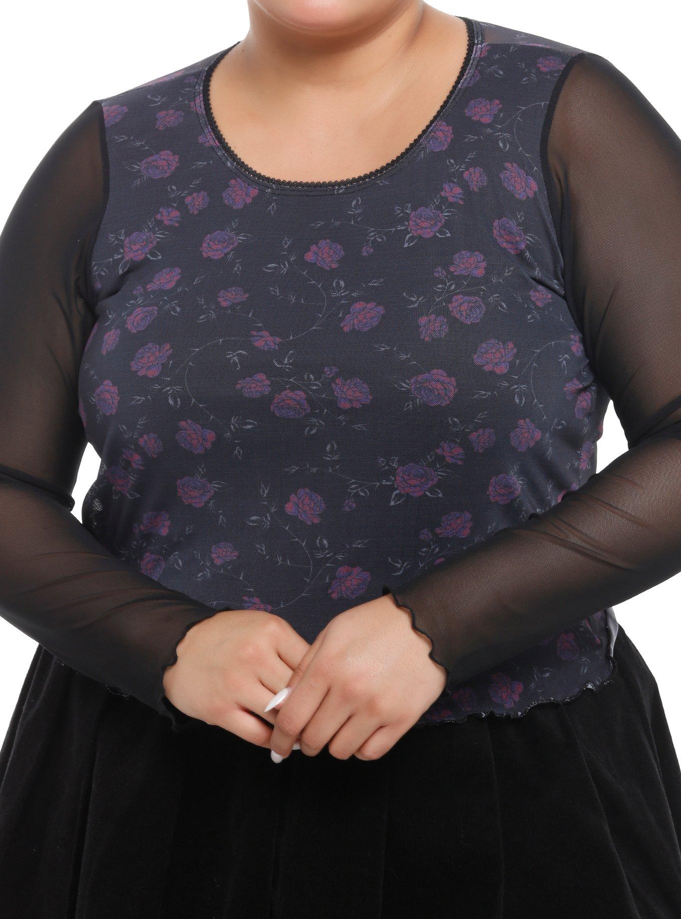 Thorn & Fable Purple Roses Mesh Girls Long-Sleeve Top Plus Size, , hi-res