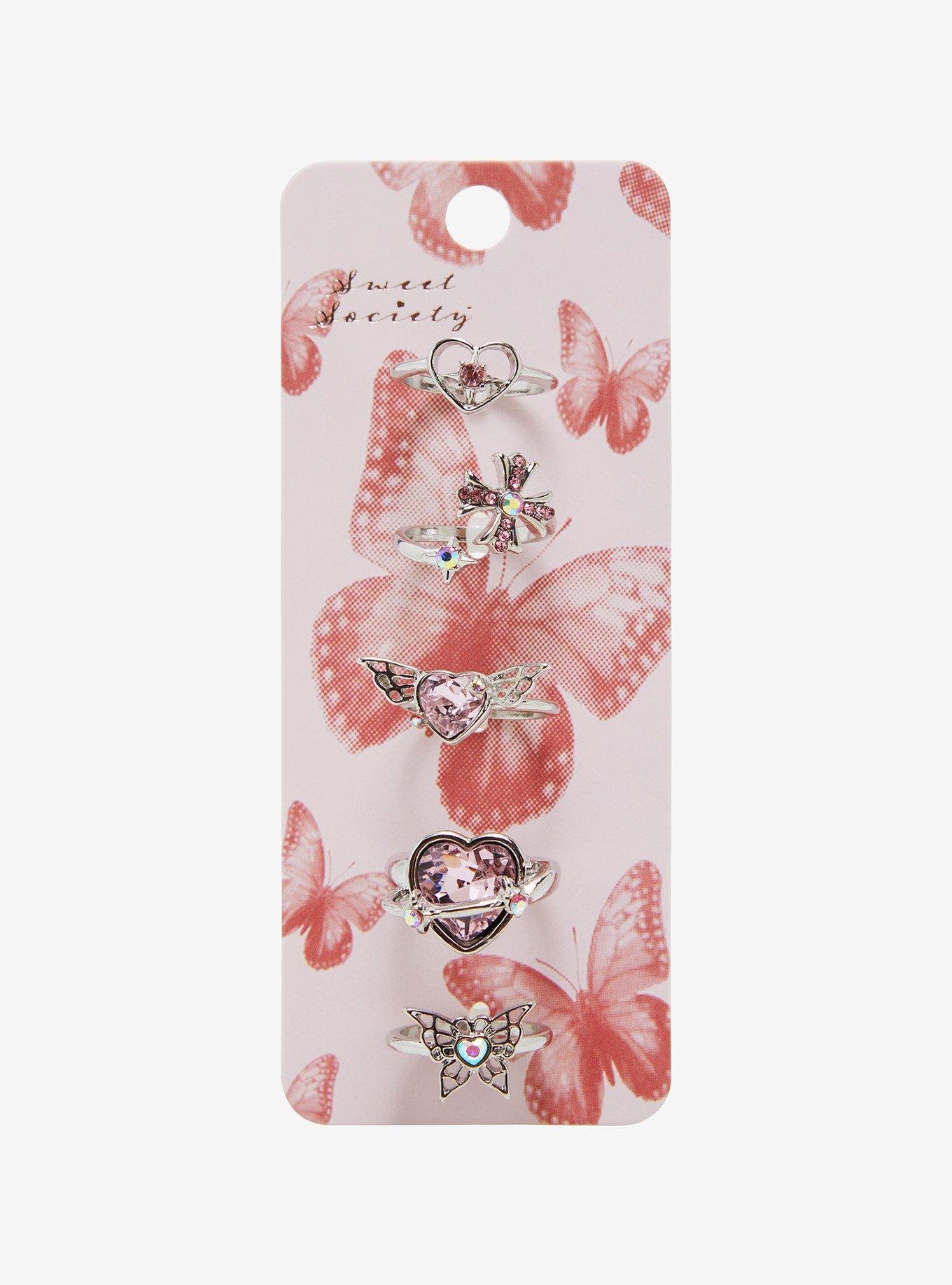 Sweet Society Pink Gem Heart Butterfly Ring Set, , hi-res