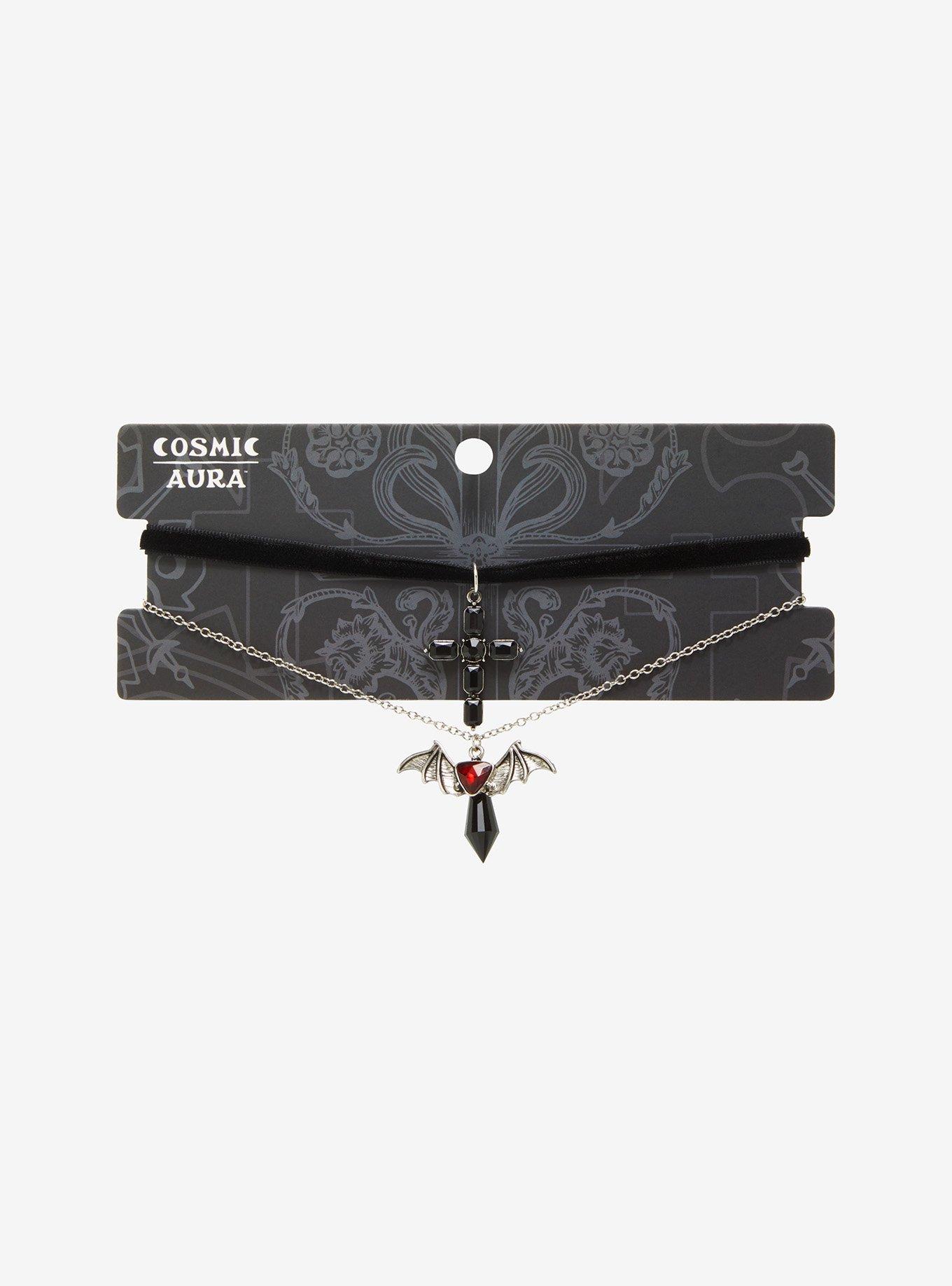 Cosmic Aura Crystal Bat Cross Necklace Set, , hi-res