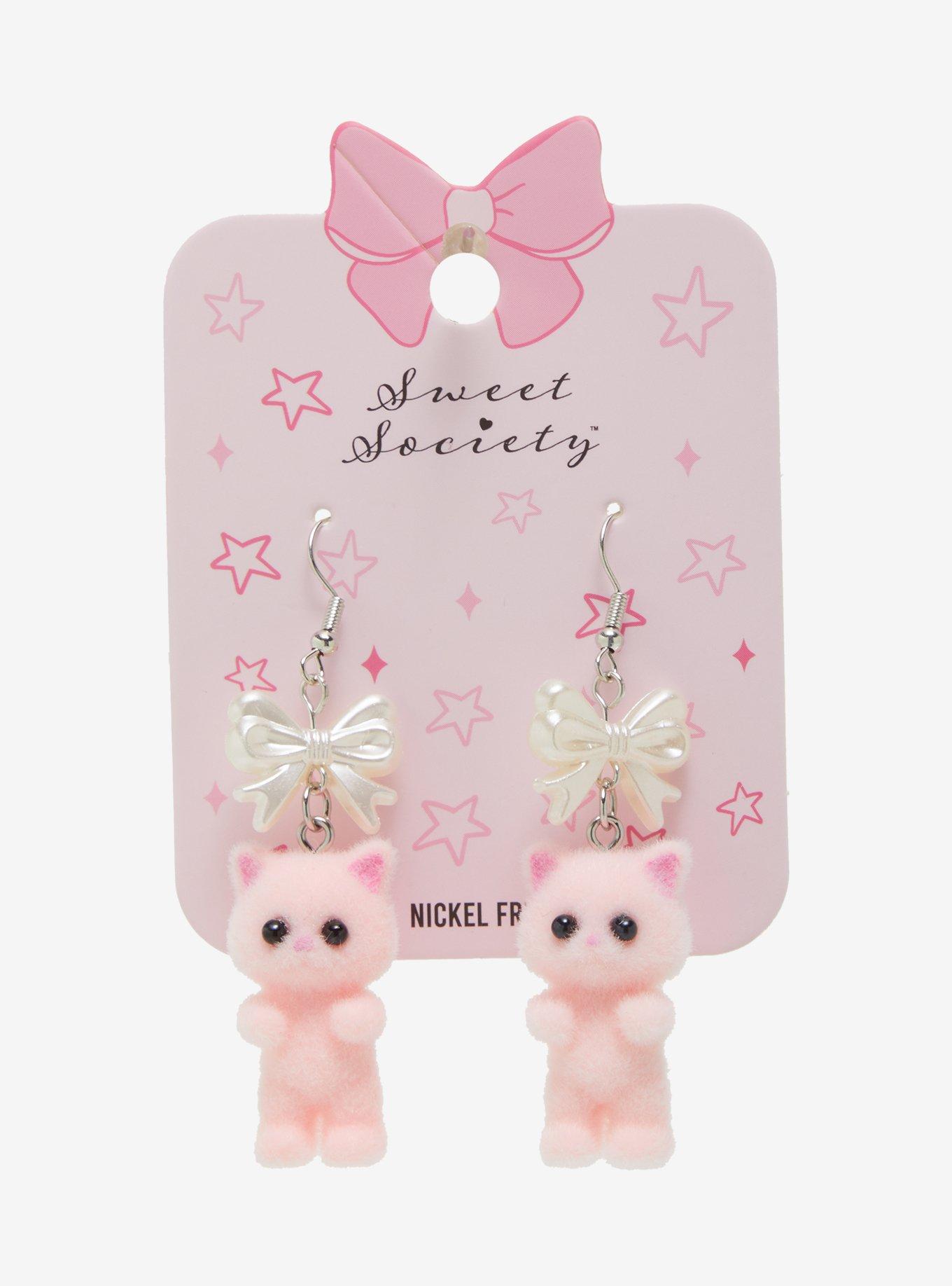 Sweet Society Fuzzy Cat Bow Earrings, , hi-res