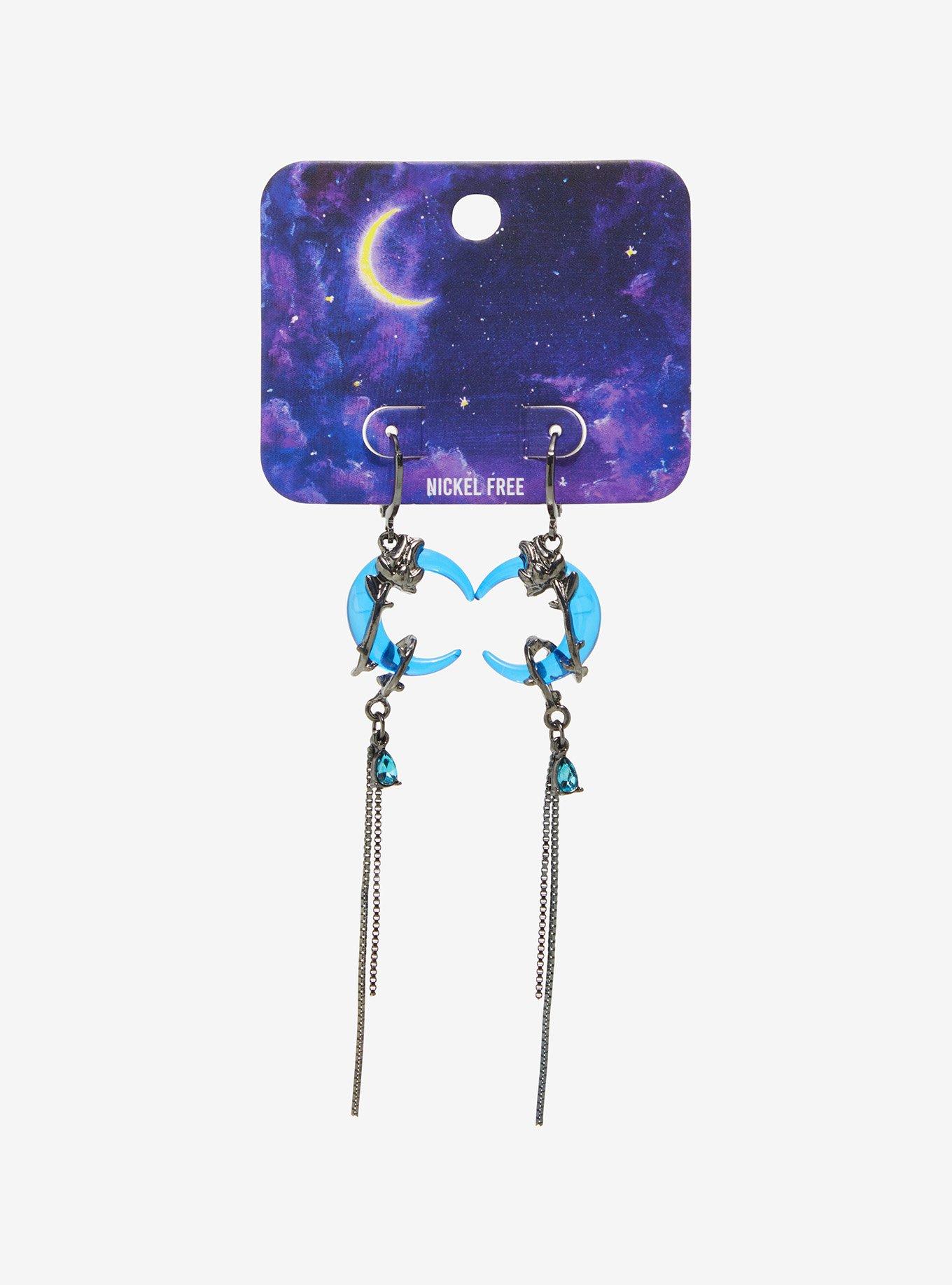 Blue Crescent Moon Wrap Drop Earrings, , hi-res