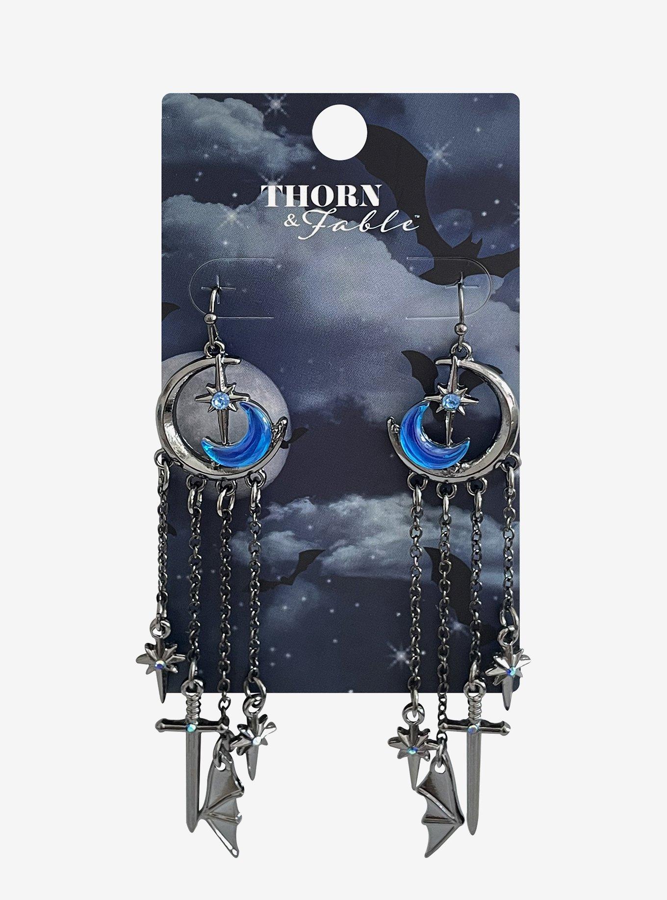 Thorn & Fable Crescent Moon Chain Drop Earrings, , hi-res