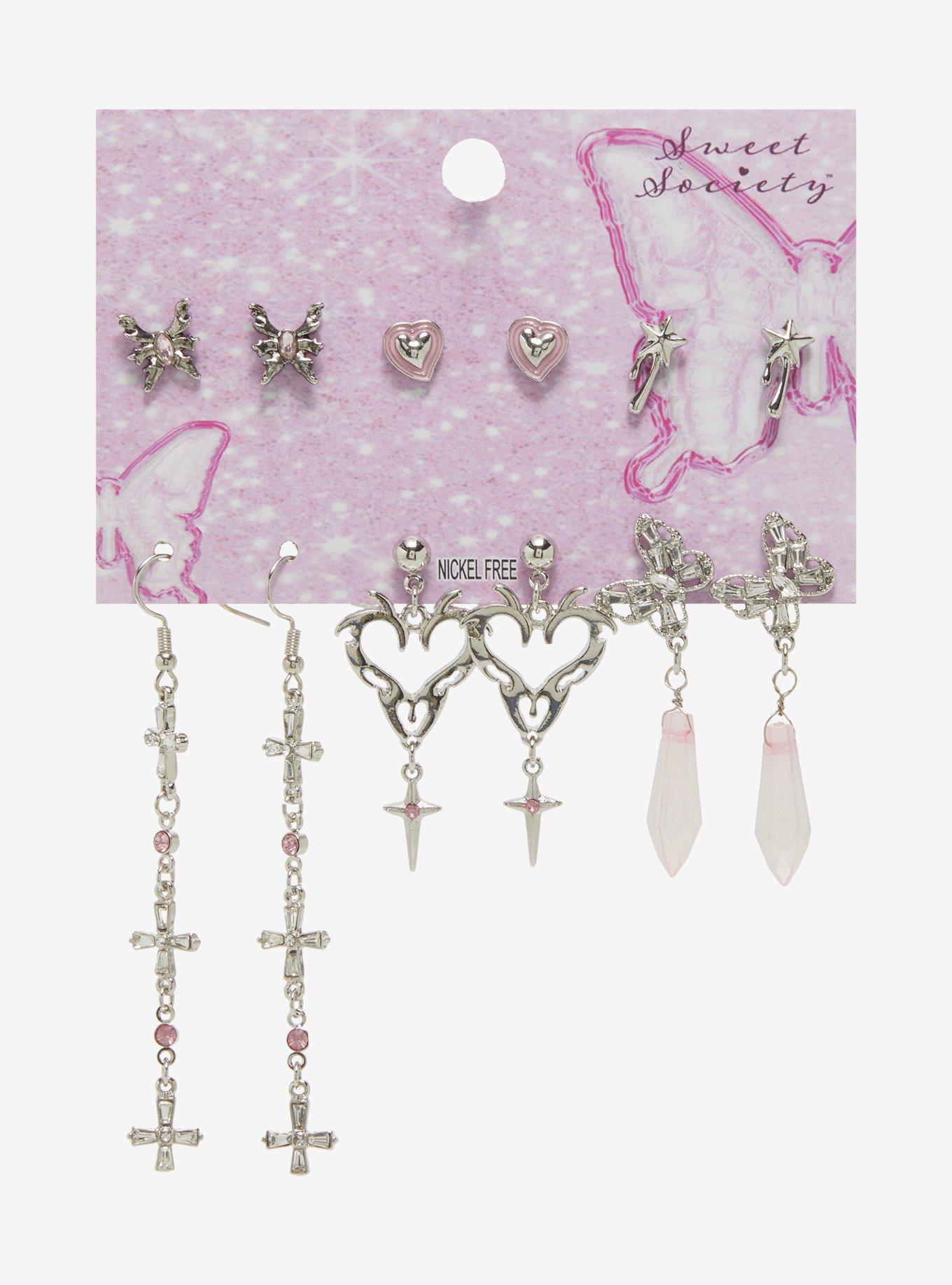 Sweet Society Butterfly Heart Cross Bling Earring Set, , hi-res