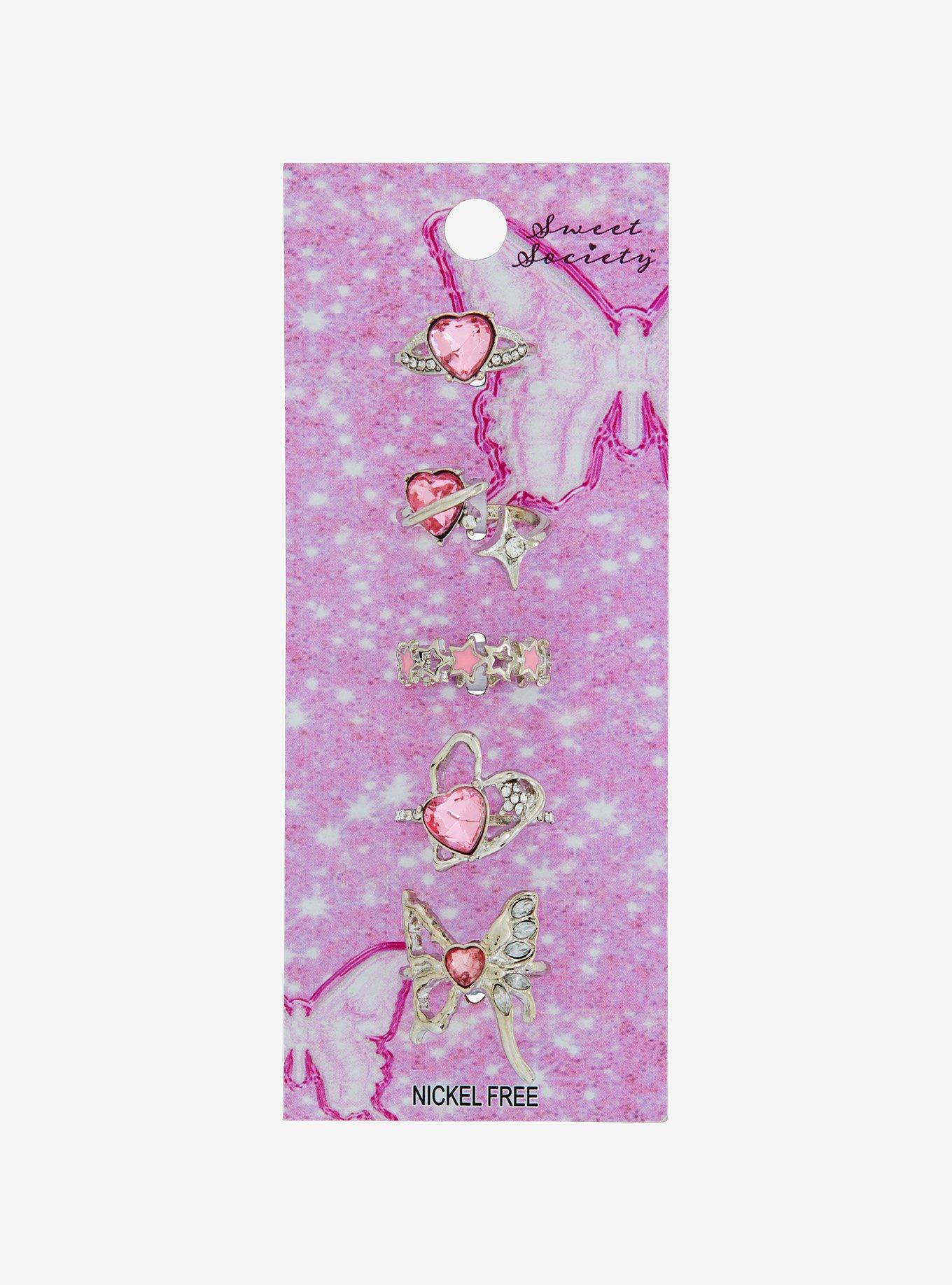 Sweet Society Pink Heart Butterfly Bling Ring Set, , hi-res