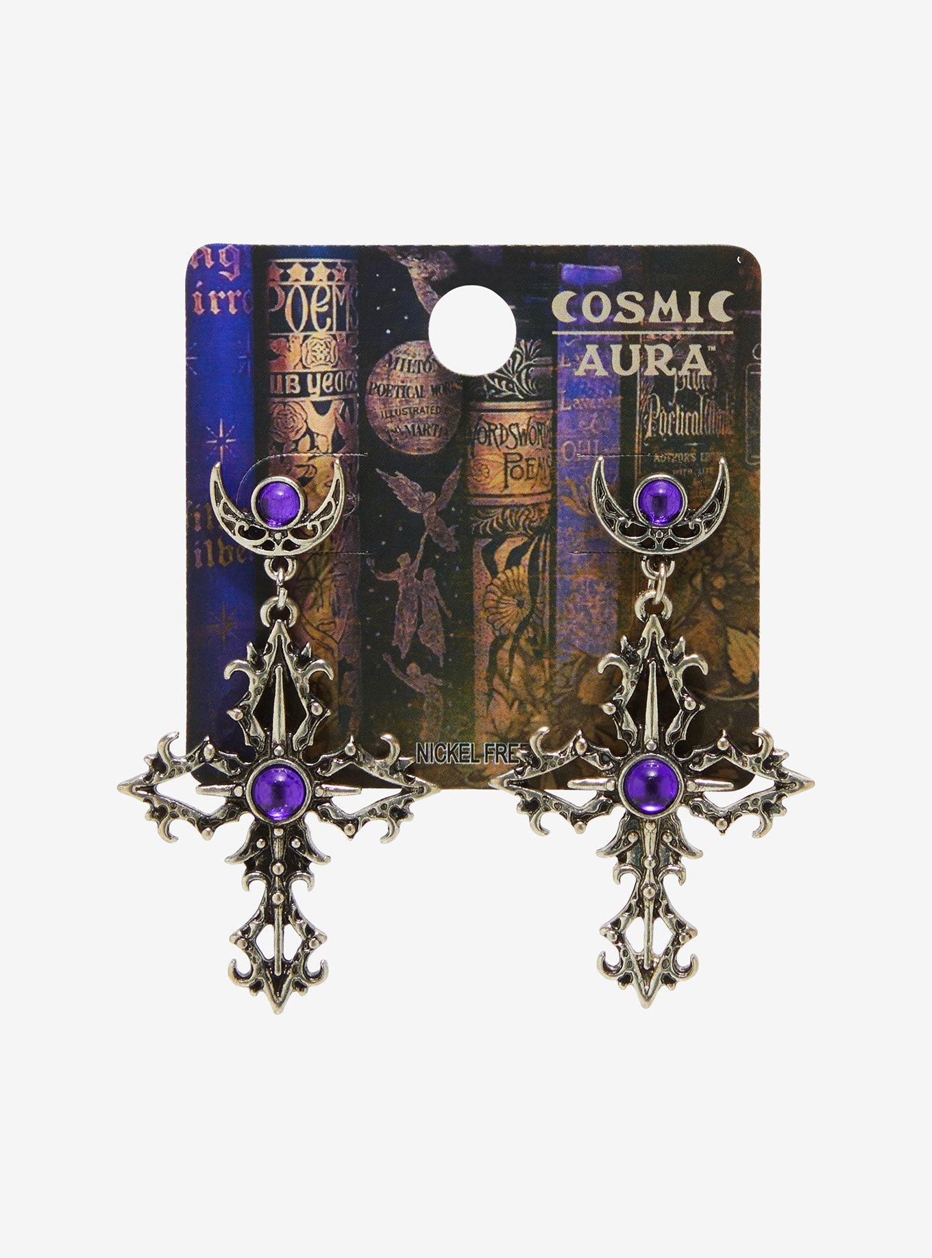 Cosmic Aura Ornate Cross Purple Gem Drop Earrings, , hi-res