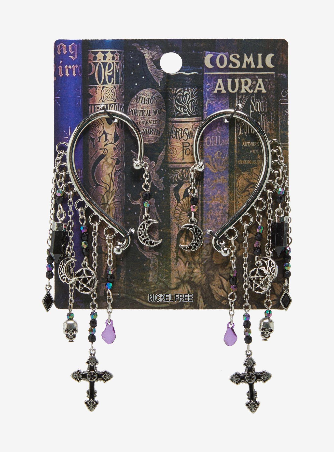 Cosmic Aura Cross Celestial Bead Chain Ear Cuffs, , hi-res
