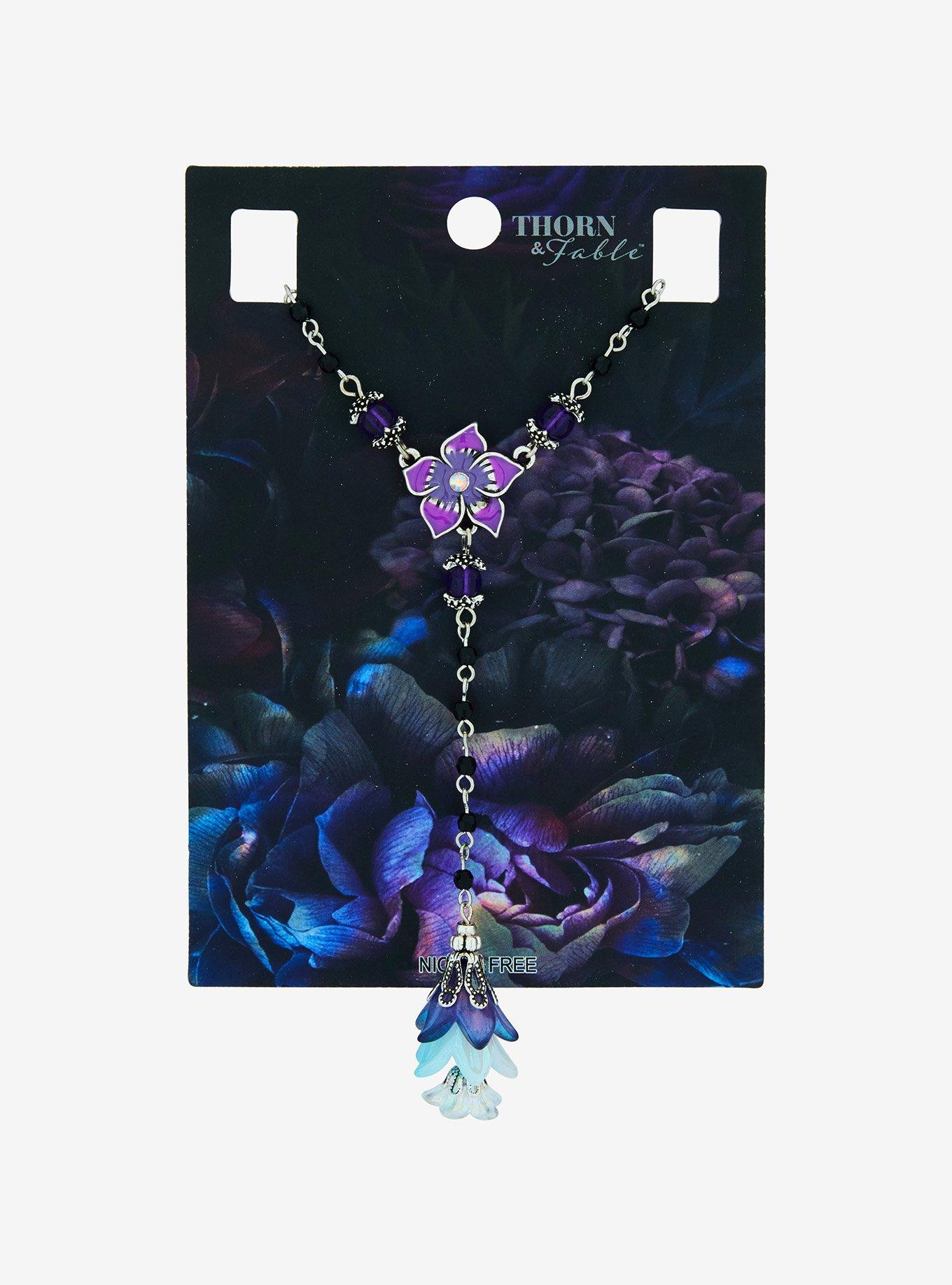 Thorn & Fable Purple Flower Drop Rosary Necklace, , hi-res