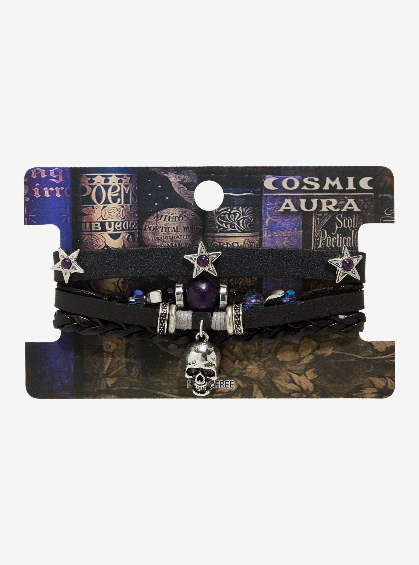 Cosmic Aura Skull Star Faux Leather Bracelet, , hi-res