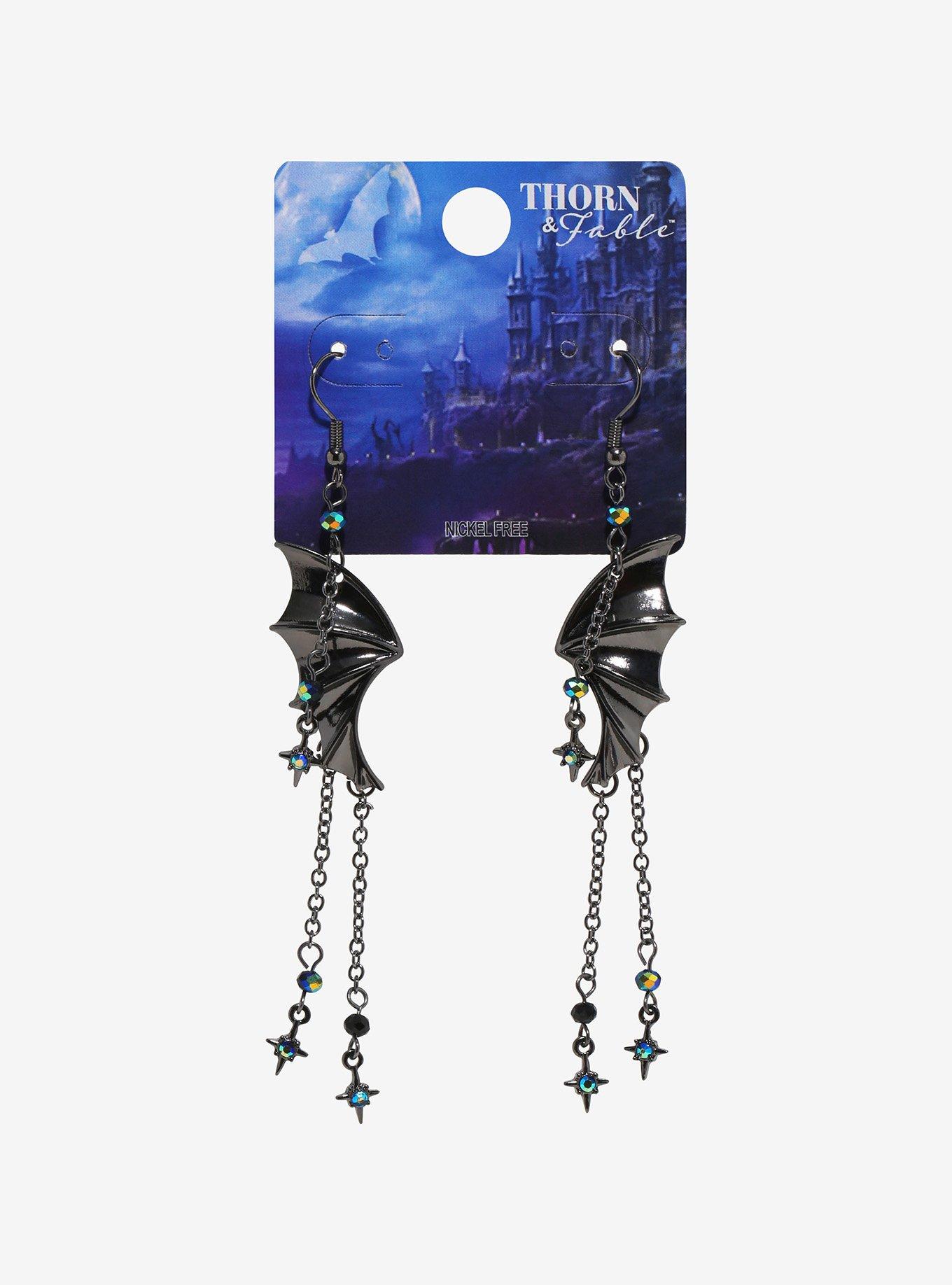 Thorn & Fable Bat Wing Sparkle Drop Earrings, , hi-res