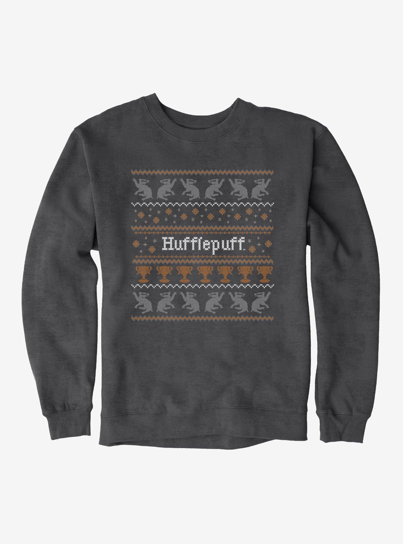 Harry Potter Hufflepuff Ugly Christmas Pattern Sweatshirt, DARK HEATHER, hi-res