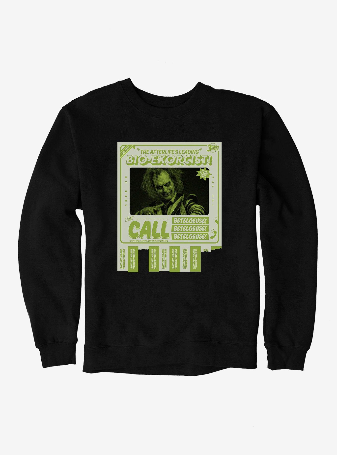 Beetlejuice Beetlejuice Bio-Exorcist Beetlguese Tear-Off Flyer Sweatshirt, BLACK, hi-res