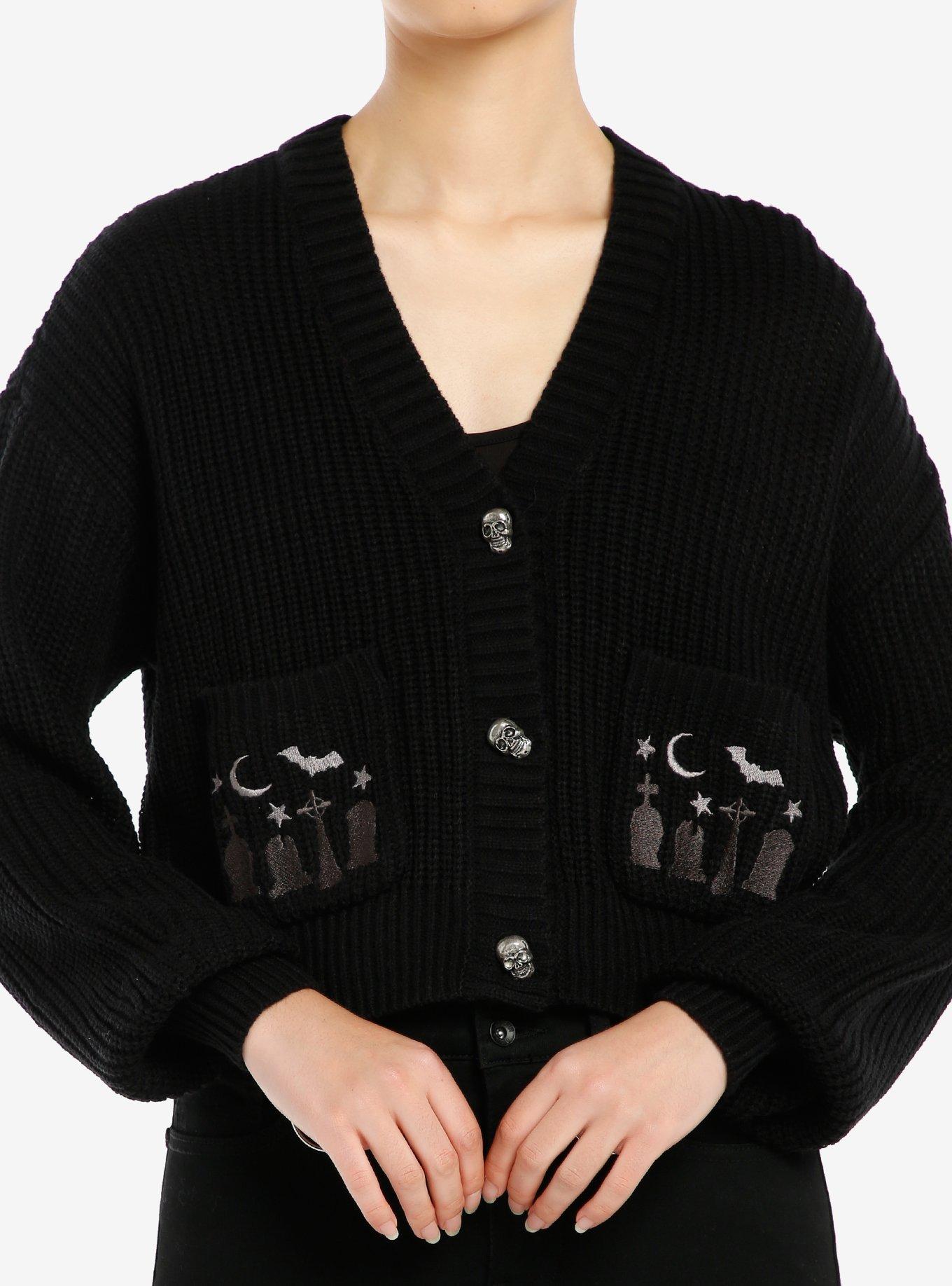 Social Collision Graveyard Skull Girls Crop Cardigan, BLACK, hi-res