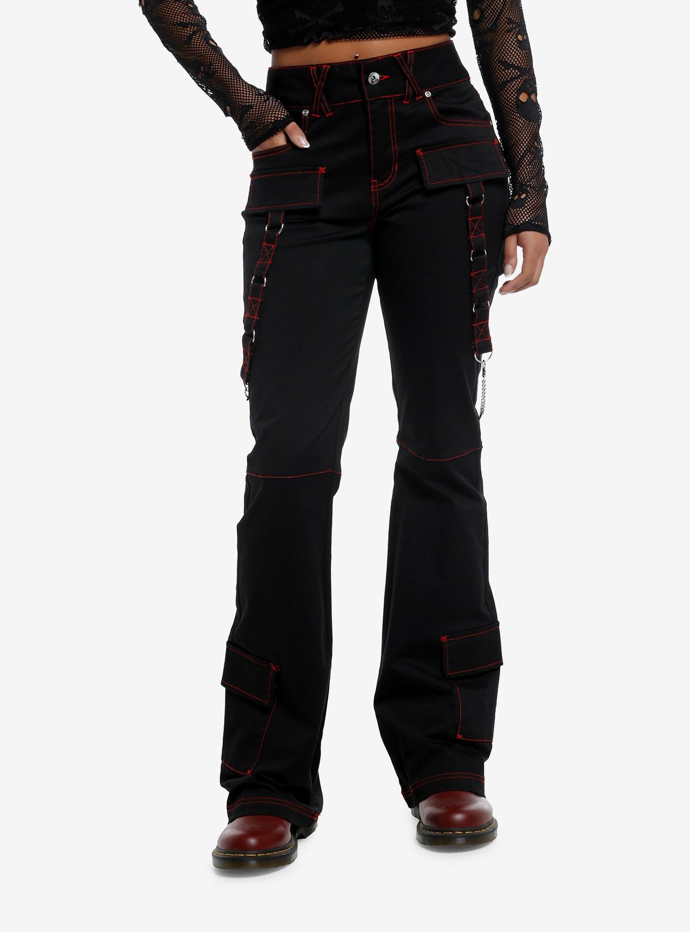 Black & Red Contrast Stitch Low-Rise Girls Cargo Flare Pants, , hi-res