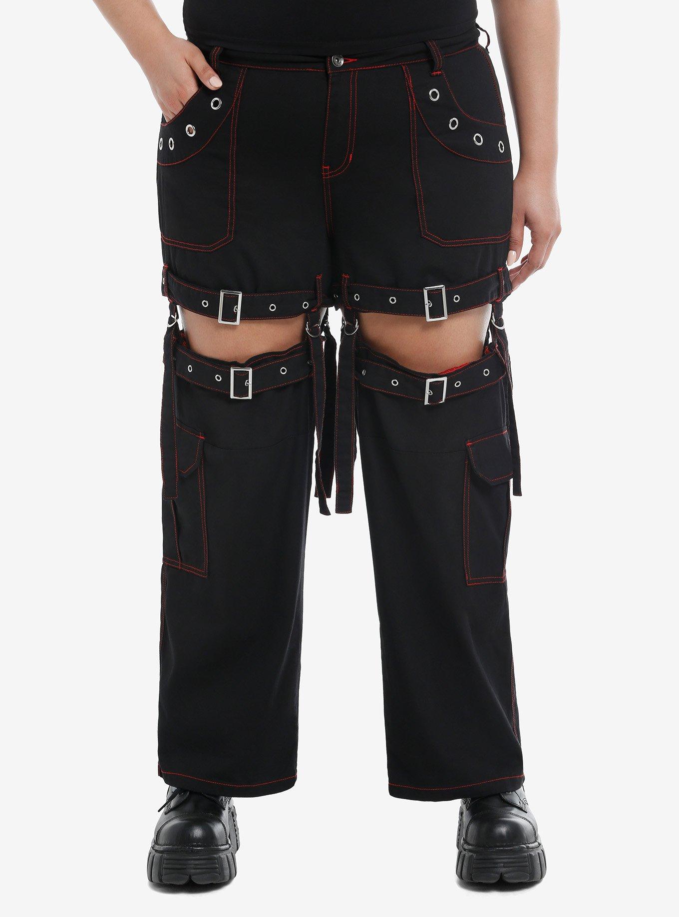 Red Contrast Stitch Garter Carpenter Pants Plus Size, , hi-res
