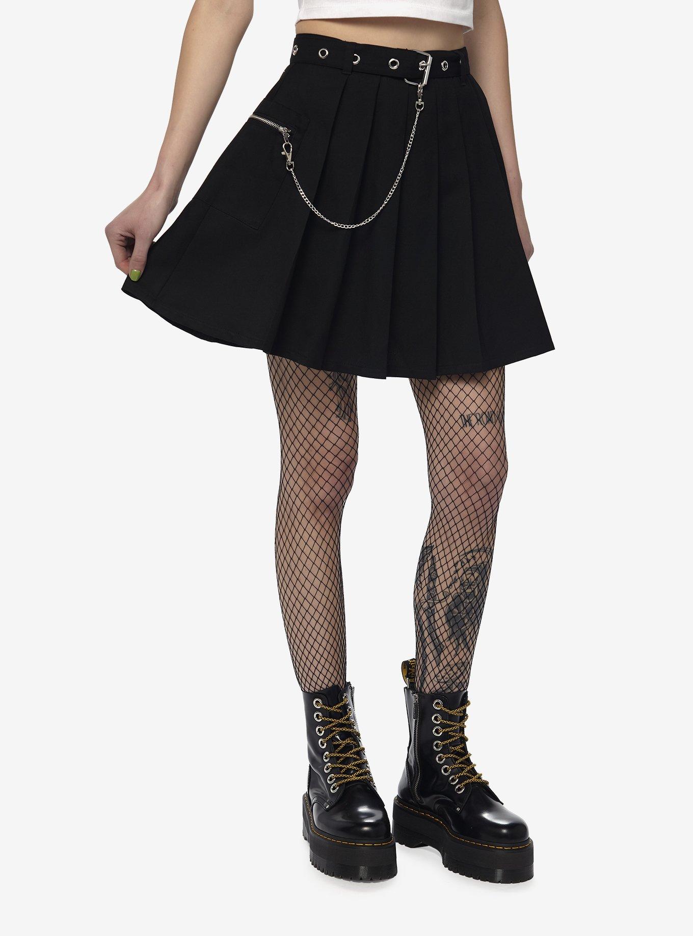 Social Collision Black Grommet Chain Pleated Skirt, , hi-res