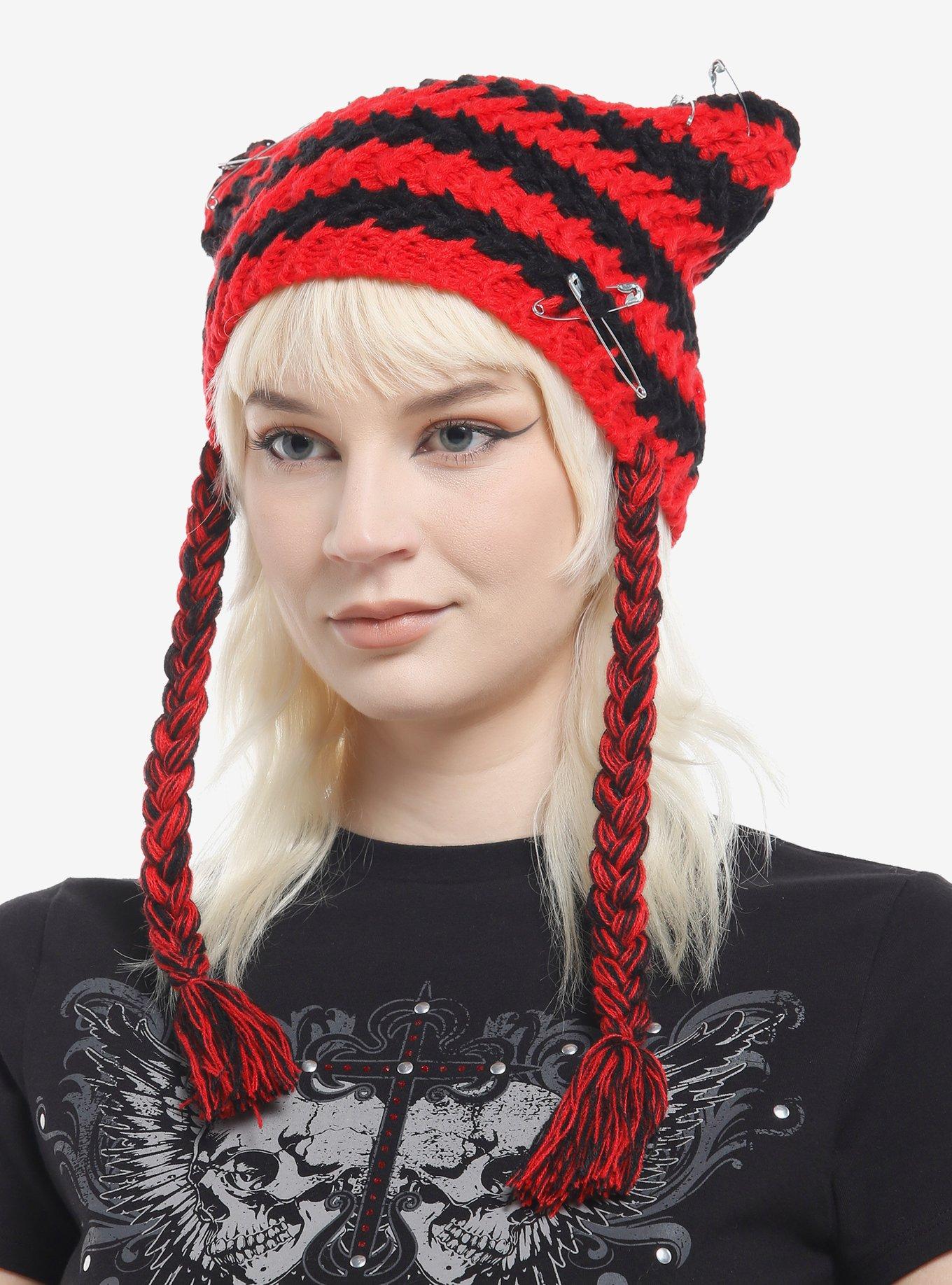 Red & Black Ear Safety Pin Tassel Beanie, , hi-res