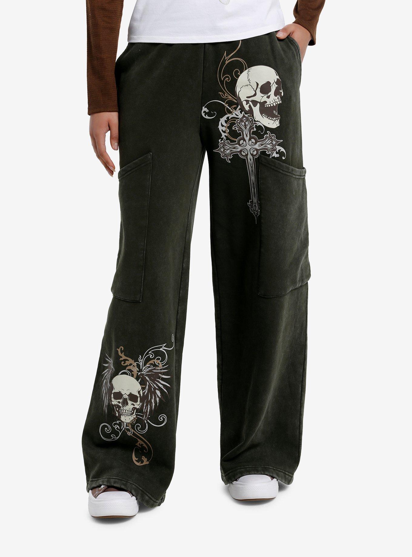 Skull & Cross Green Wide Leg Girls Lounge Pants, , hi-res