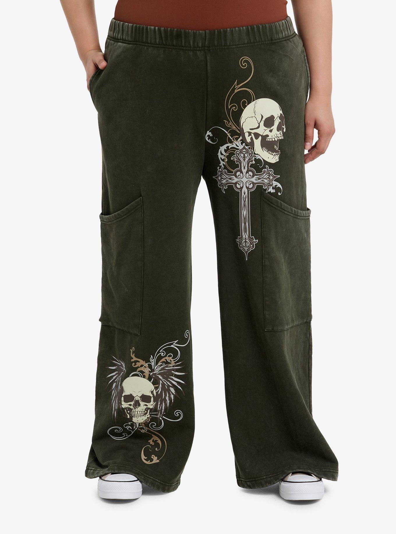 Skull & Cross Green Wide Leg Girls Lounge Pants Plus Size, , hi-res