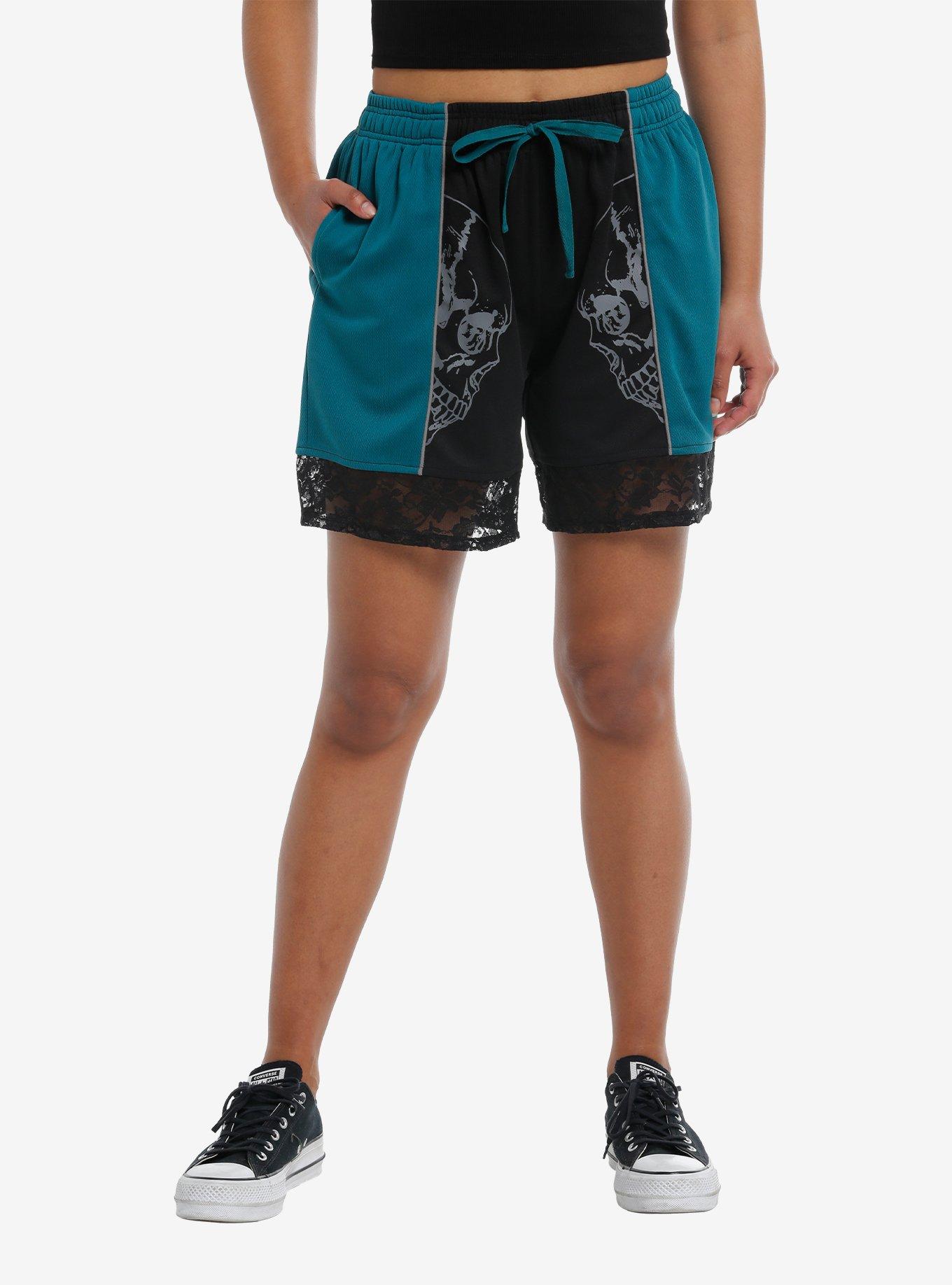 Black & Teal Skull Lace Girls Basketball Shorts, , hi-res