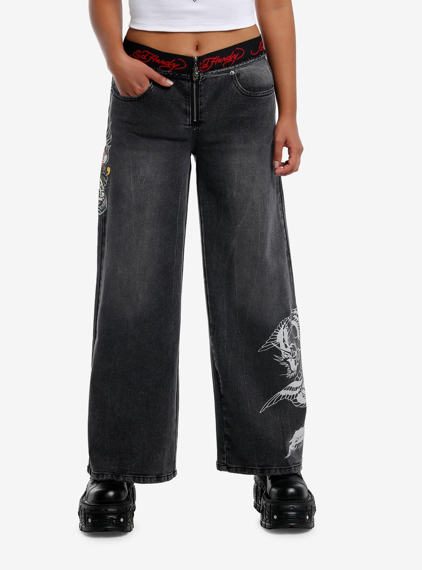 Ed Hardy Love Kills Slowly Grey Wash Wide Leg Jeans, MULTI, hi-res