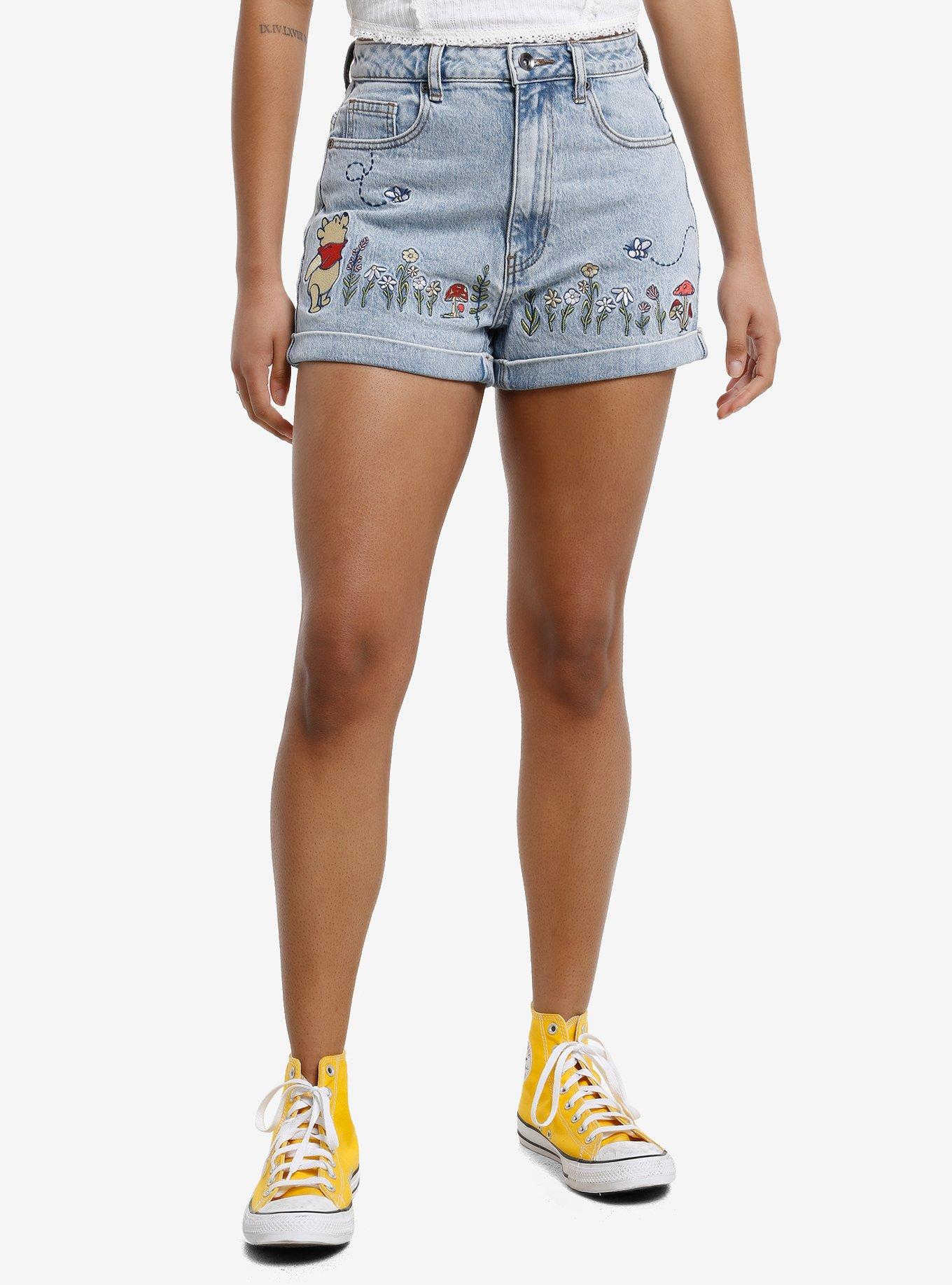 Her Universe Disney Winnie The Pooh Flower Embroidered Denim Mom Shorts 