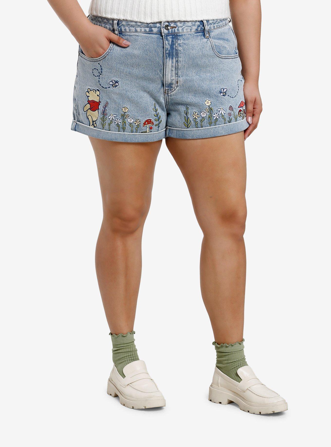 Her Universe Disney Winnie The Pooh Flower Embroidered Denim Mom Shorts Plus Size, , hi-res