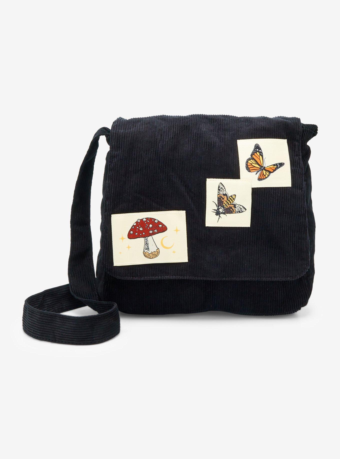 Mushroom Moth & Butterfly Black Corduroy Messenger Bag, , hi-res