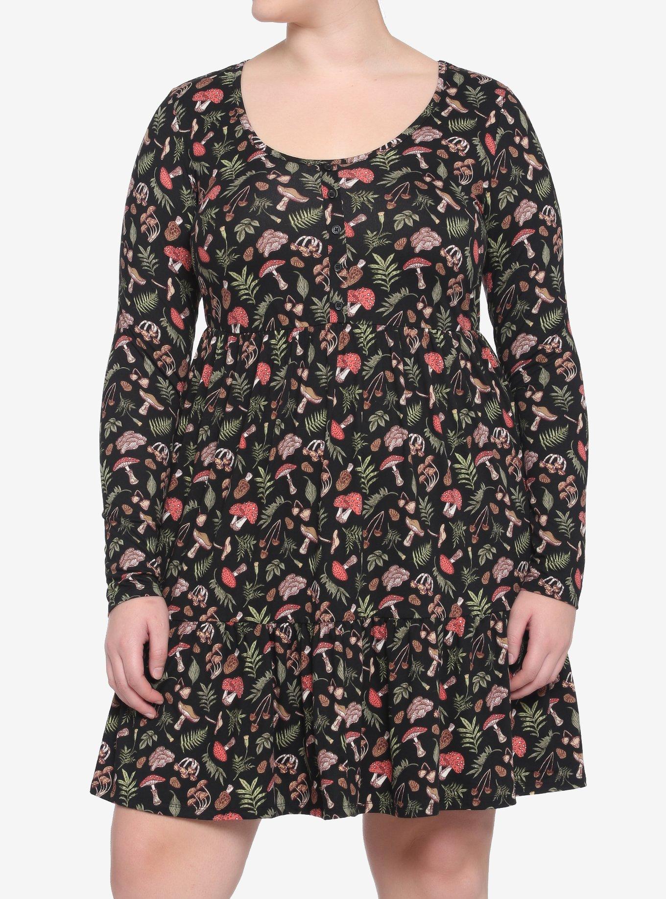 Woodland Mushroom Tiered Long-Sleeve Dress Plus Size, , hi-res