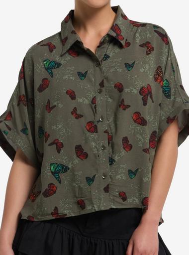 Green Orange Butterfly Allover Print Girls Woven Button-Up Hot