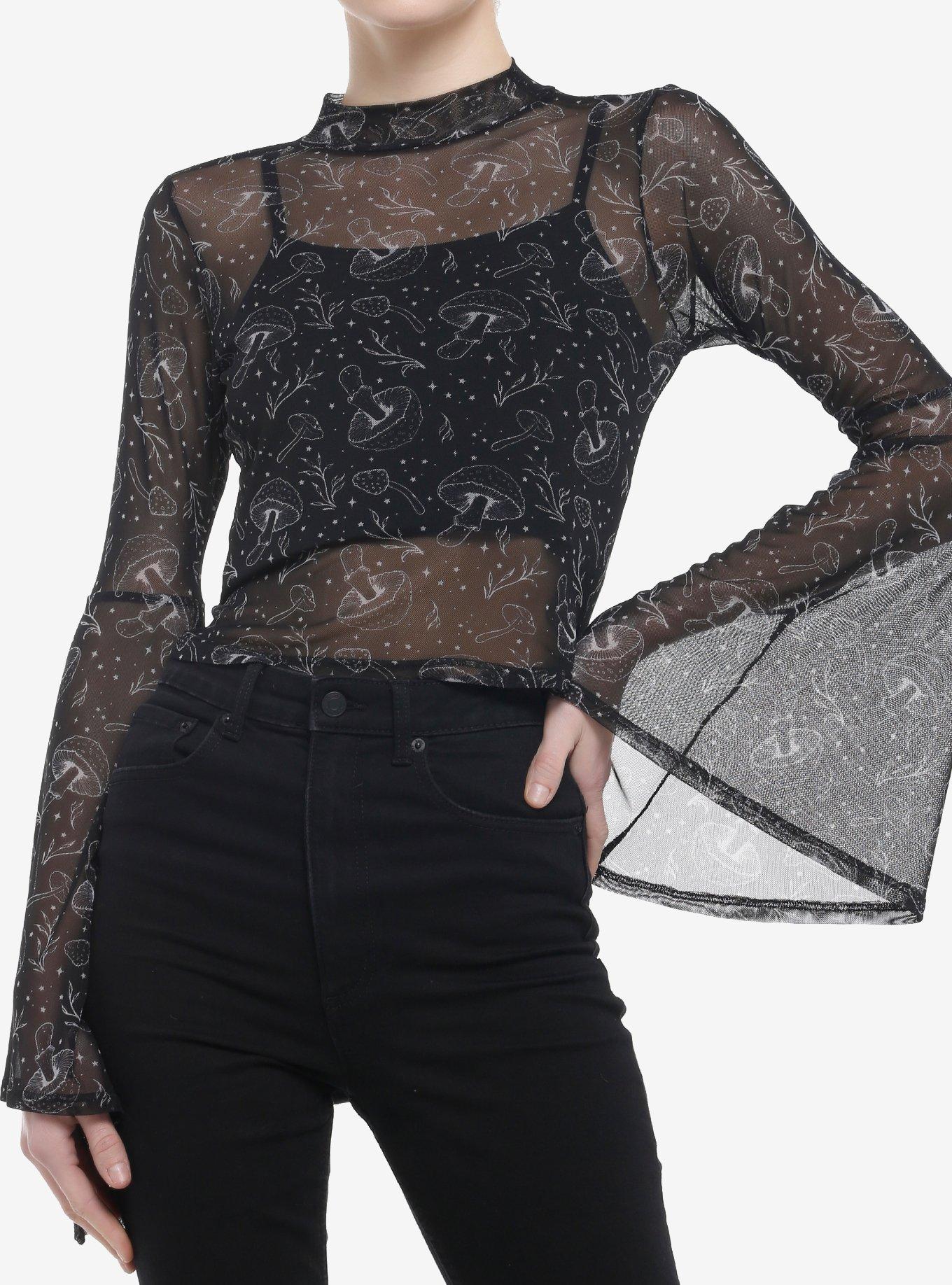 Black & Grey Mushroom Mesh Girls Bell Sleeve Top, , hi-res