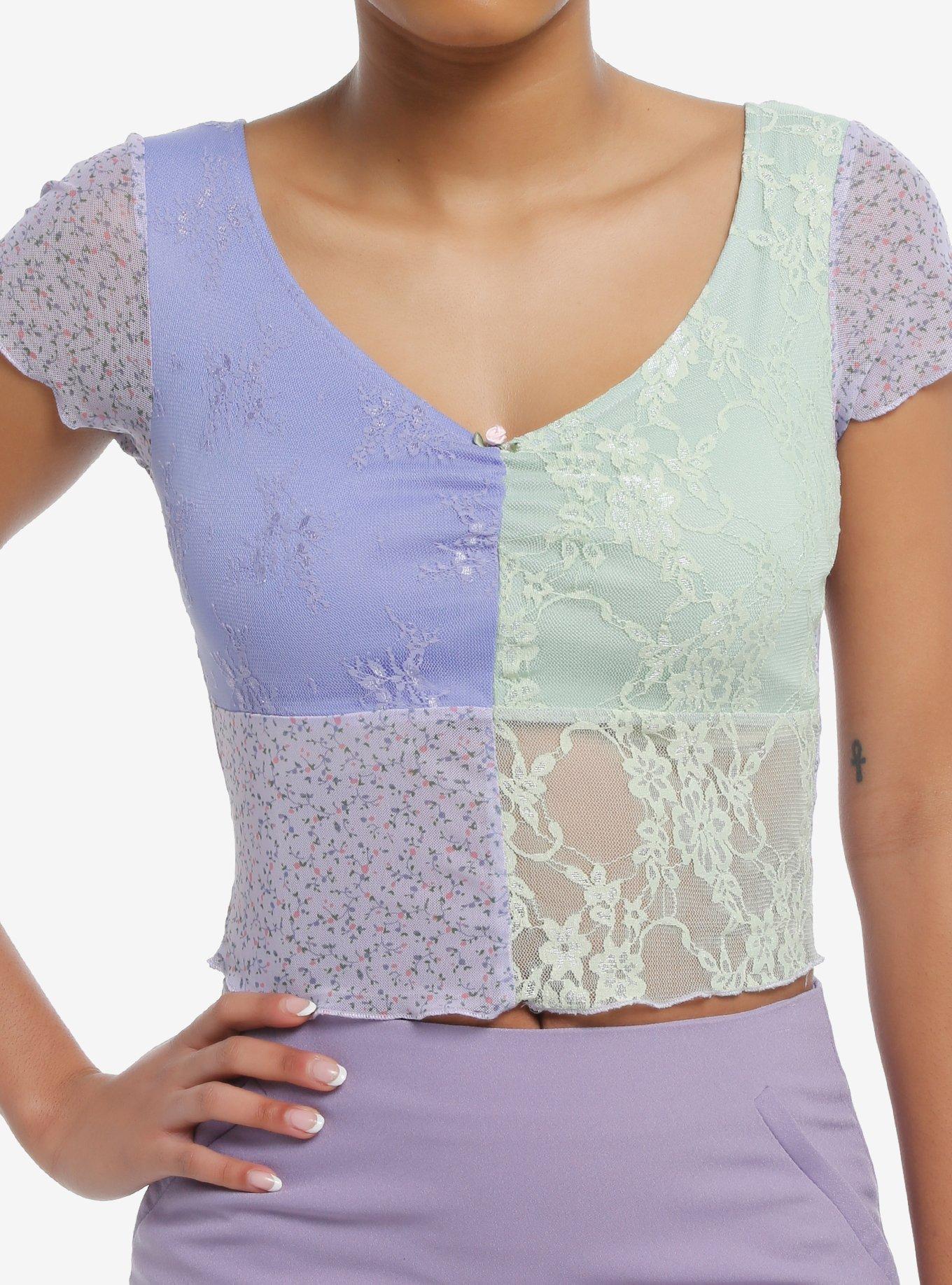 Sweet Society Pastel Lace Patchwork Crop Girls Top, , hi-res