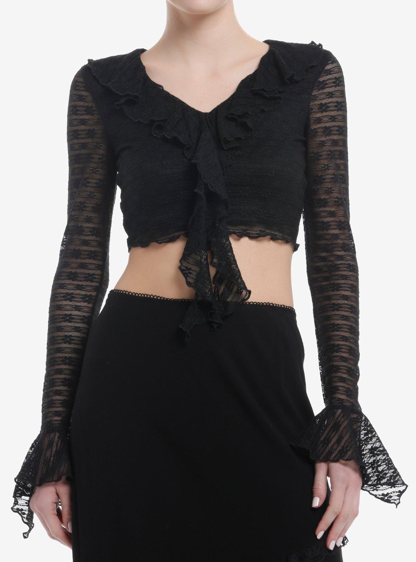 Black Flower Lace Ruffle Girls Crop Long-Sleeve Top, , hi-res