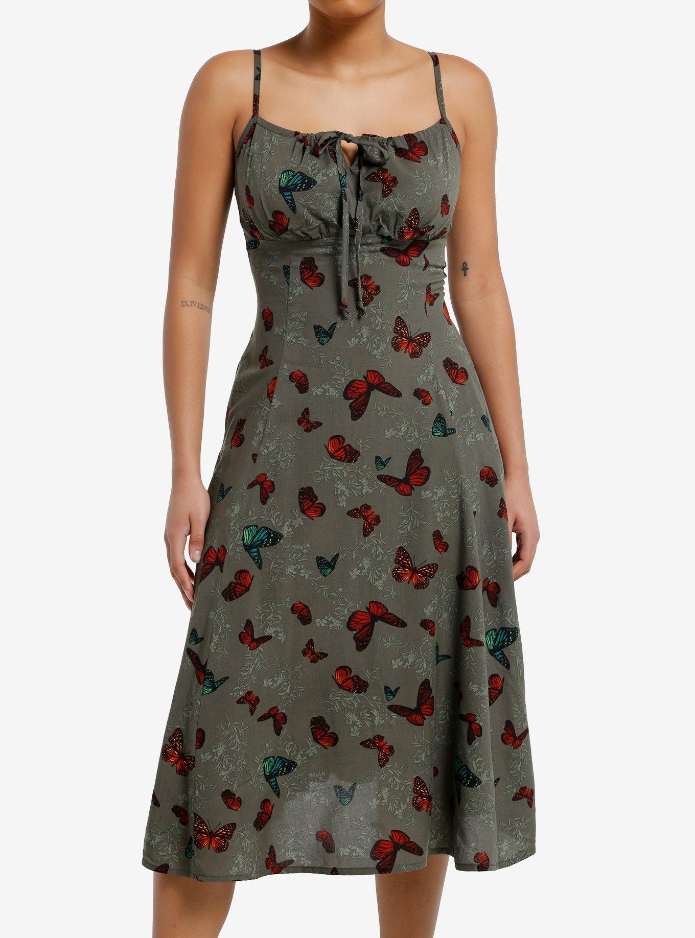 Thorn & Fable Green Butterfly Floral Midi Dress, , hi-res