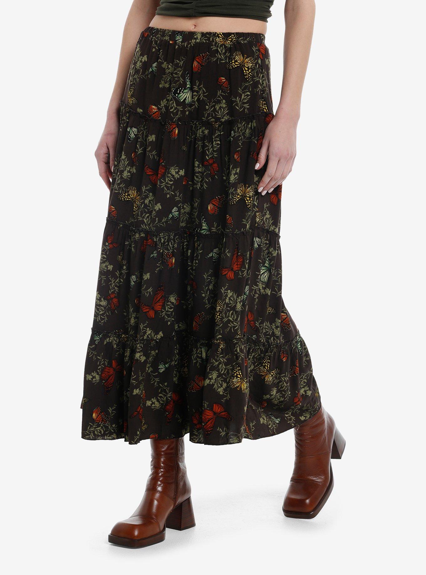 Thorn & Fable Monarch Butterfly Brown Tiered Maxi Skirt, , hi-res