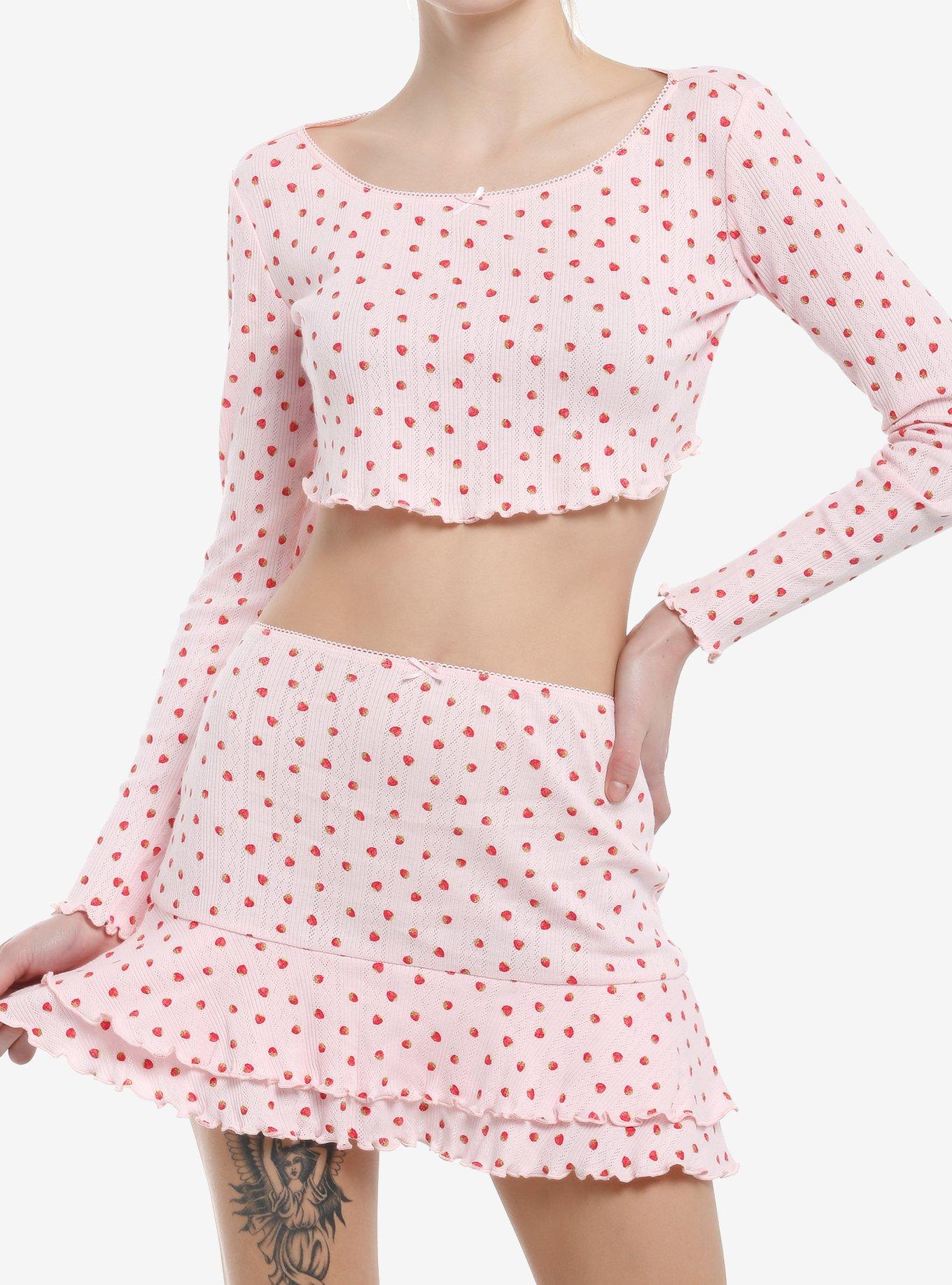 Sweet Society Pink Strawberry Print Girls Crop Long-Sleeve Top & Skirt Set, , hi-res