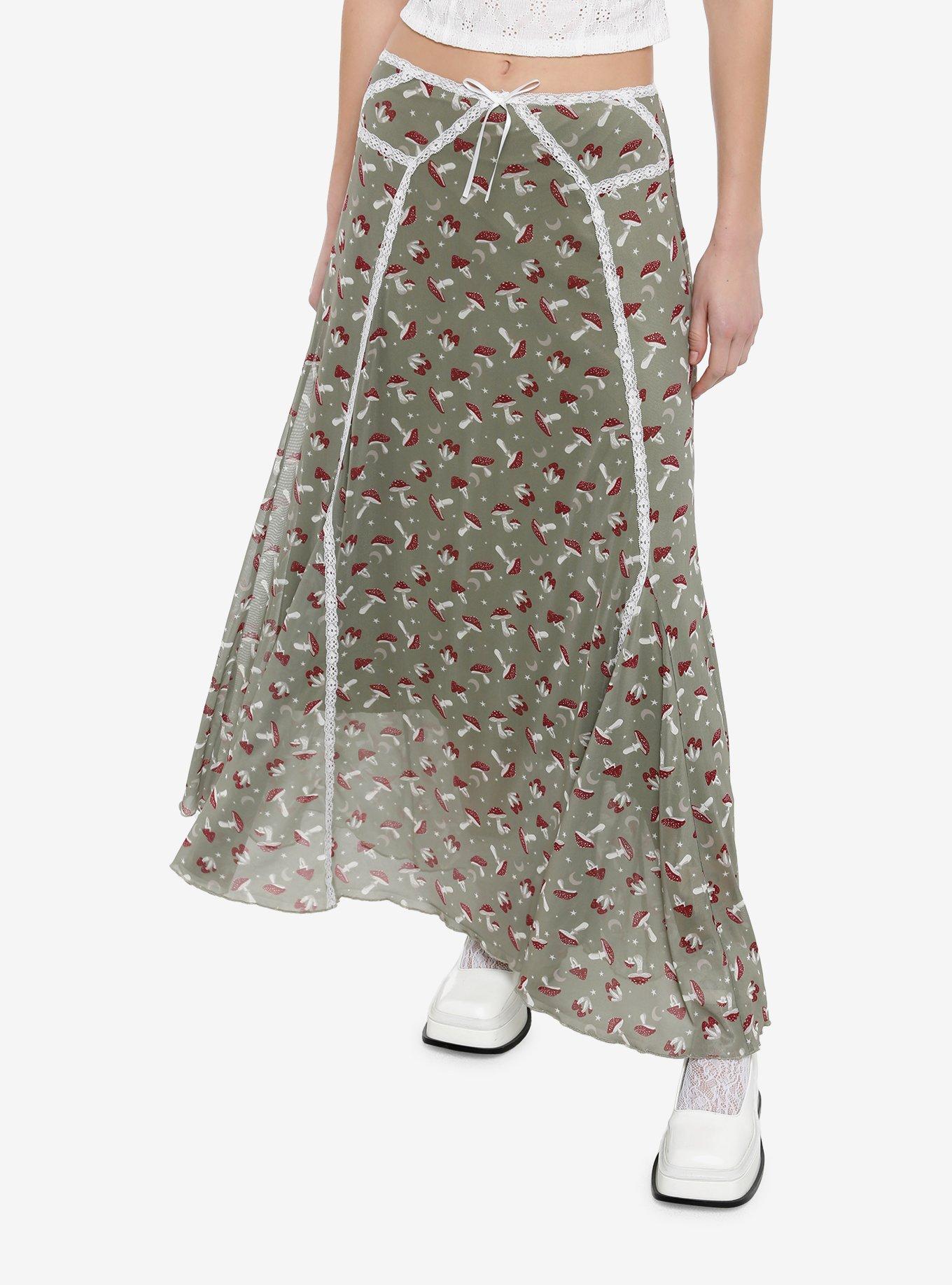 Cosmic Aura Mushrooms Moons & Stars Lace Trim Midi Skirt, , hi-res